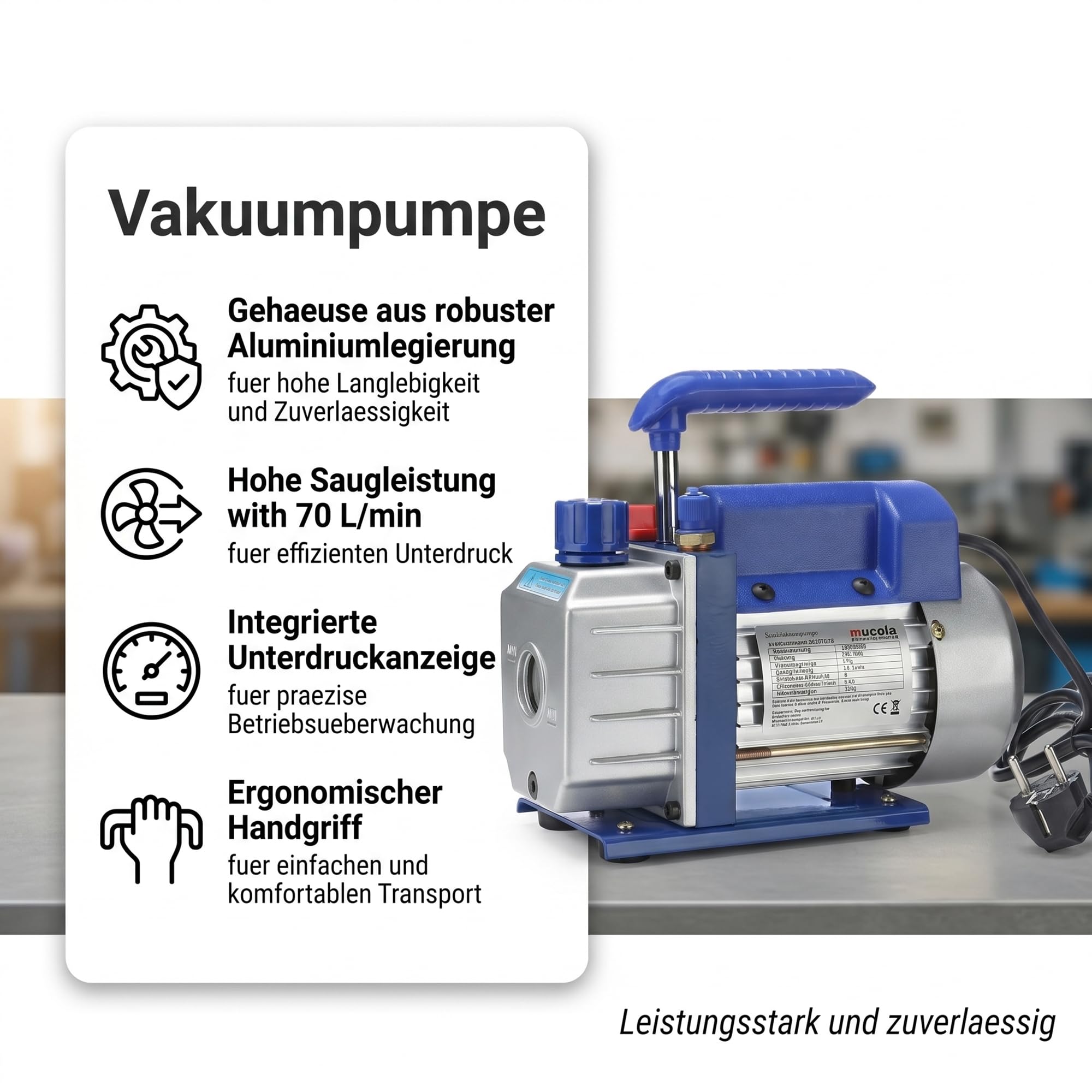 Mucola Vakuumpumpe Klimaanlage Unterdruckpumpe 70 L/min | inkl. Ölabsperrventil | für HVAC/Auto Einstufige Vacuumpumpe Harz-Entgasung