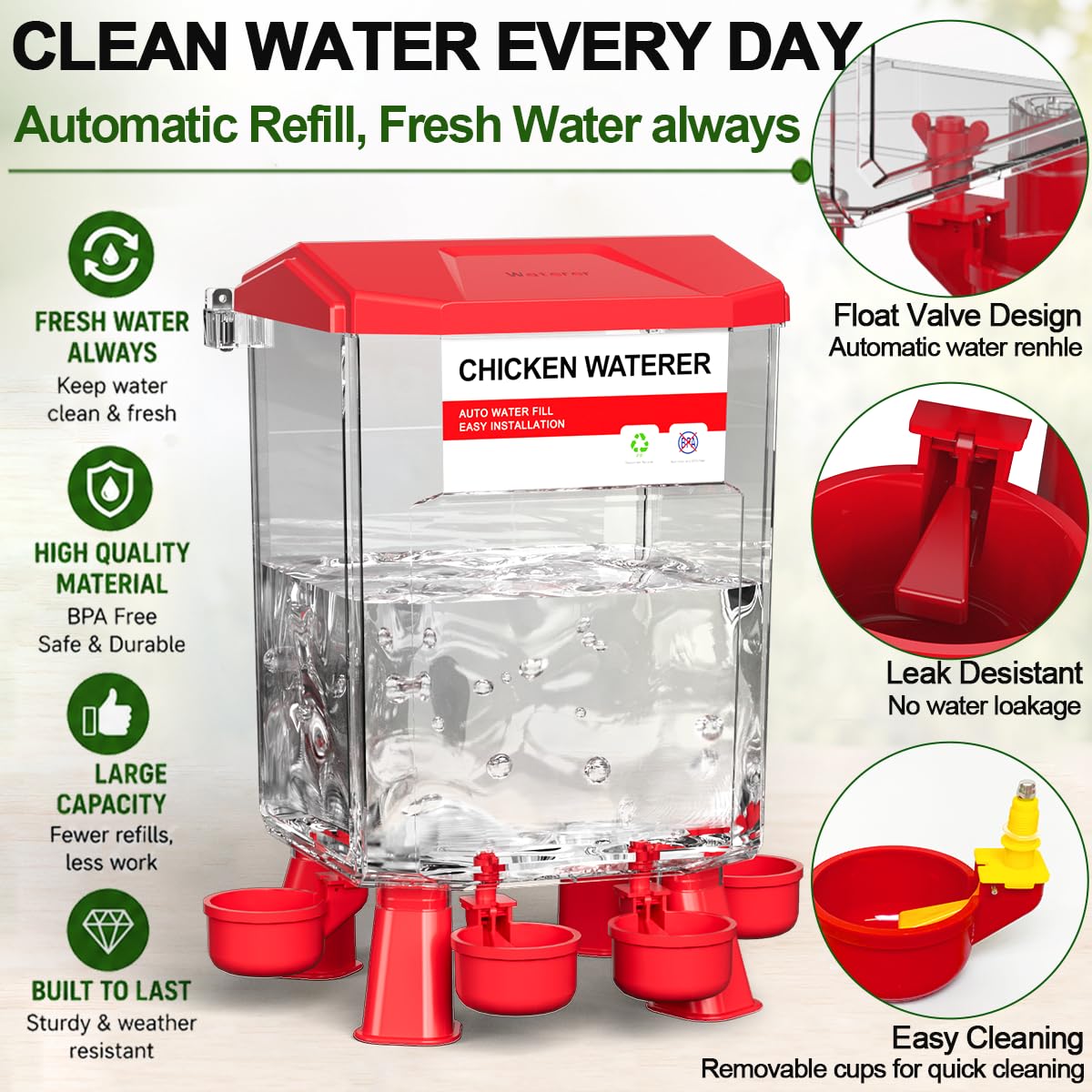 Ensemble mangeoire et abreuvoir pour poulets, système d'alimentation automatique sans déchets, mangeoire de 12 kg et abreuvoir de 11 L, kit de poulailler 4 en 1 avec support de légumes pour