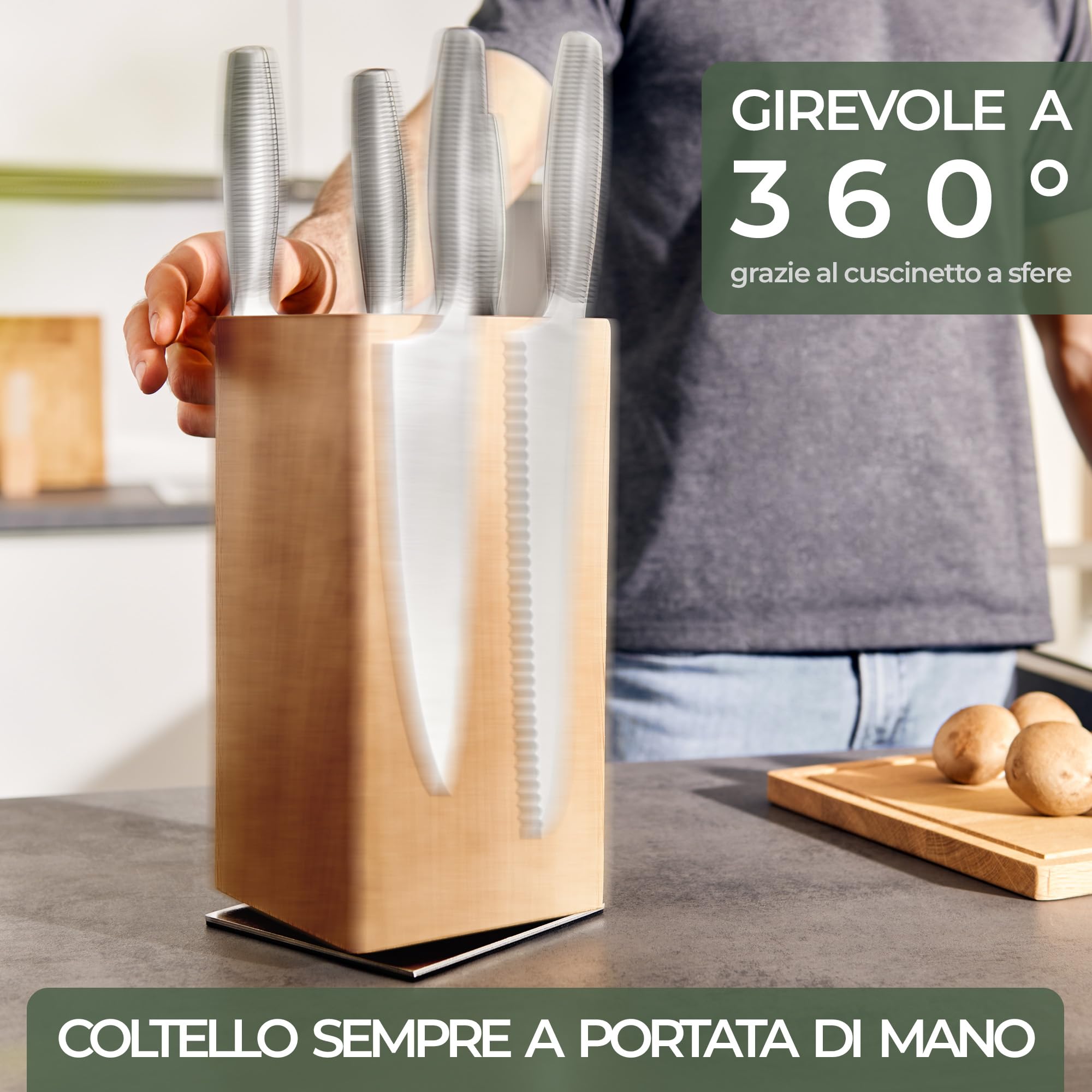 WALDWERK Design Ceppo Coltelli da cucina - porta coltelli cucina - magnetico e girevole in pregiato legno di quercia - portacoltelli da cucina