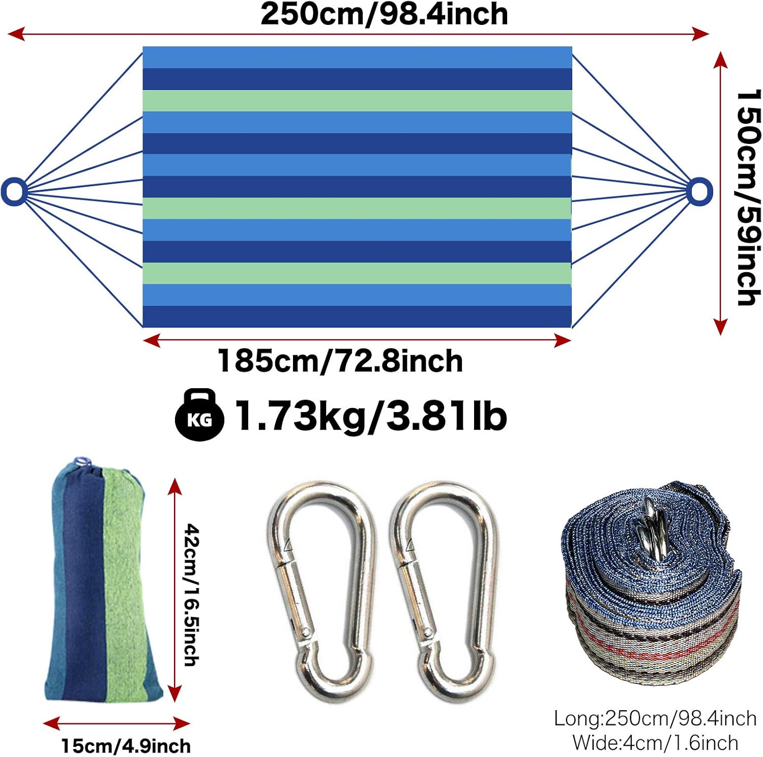 Colel Double Hammock, 2 Person Cotton Canvas Hammock 450lbs Portable Camping Hammock with Carrying Bag Two Anti Roll Balance Beam Metal Carabiner Ropes and Tree Straps for Travel Patio Garden (Blue) : Patio, Lawn & Garden