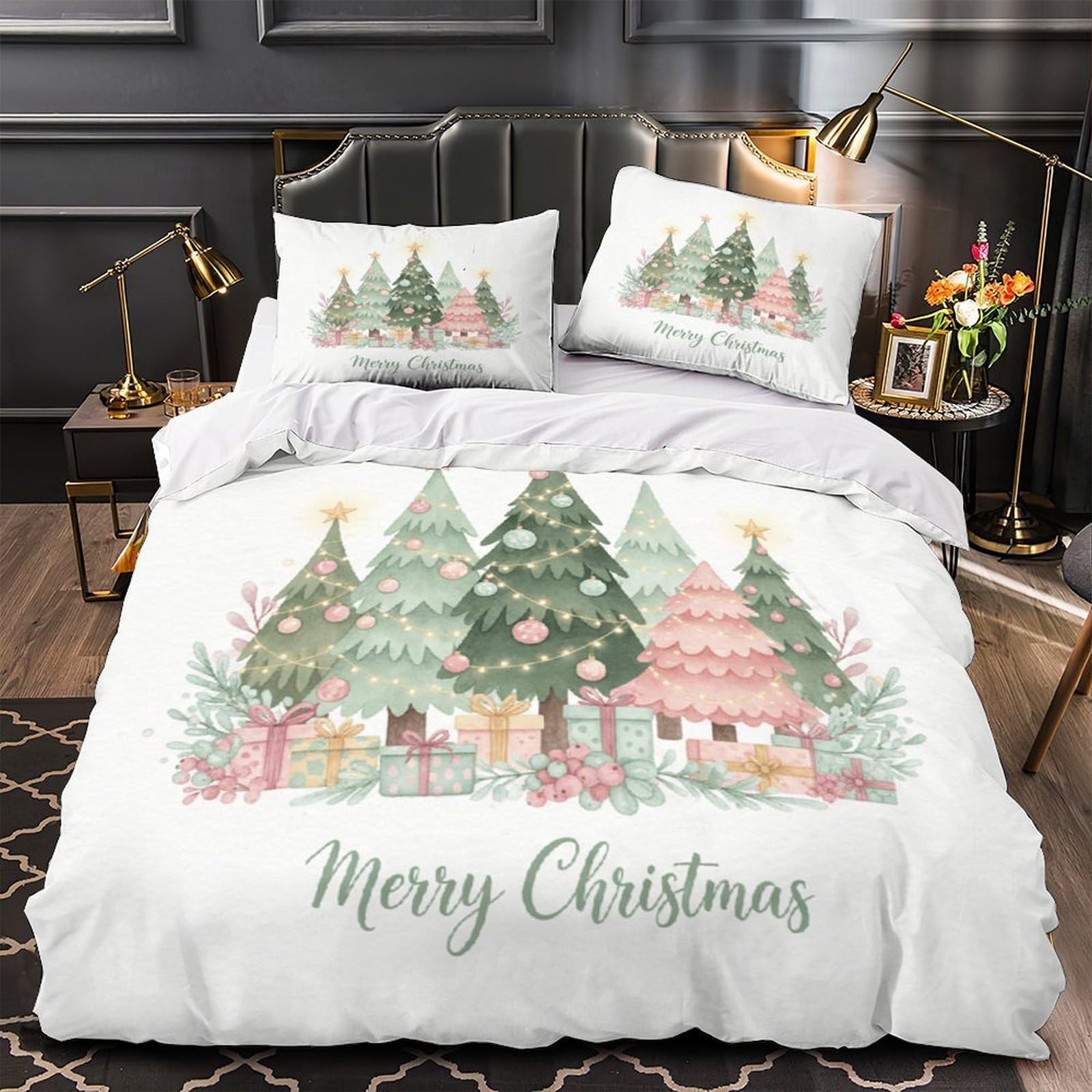 MMDASBVPE Christmas Trees Duvet Cover 3D Print Ultra Soft 3 Pcs Bed Linen Hidden Zipper watercolor Festive Quilt Cover Luxurious Durable for Kids Adults Women Teens Youth Girls Boys Single（140x200cm）