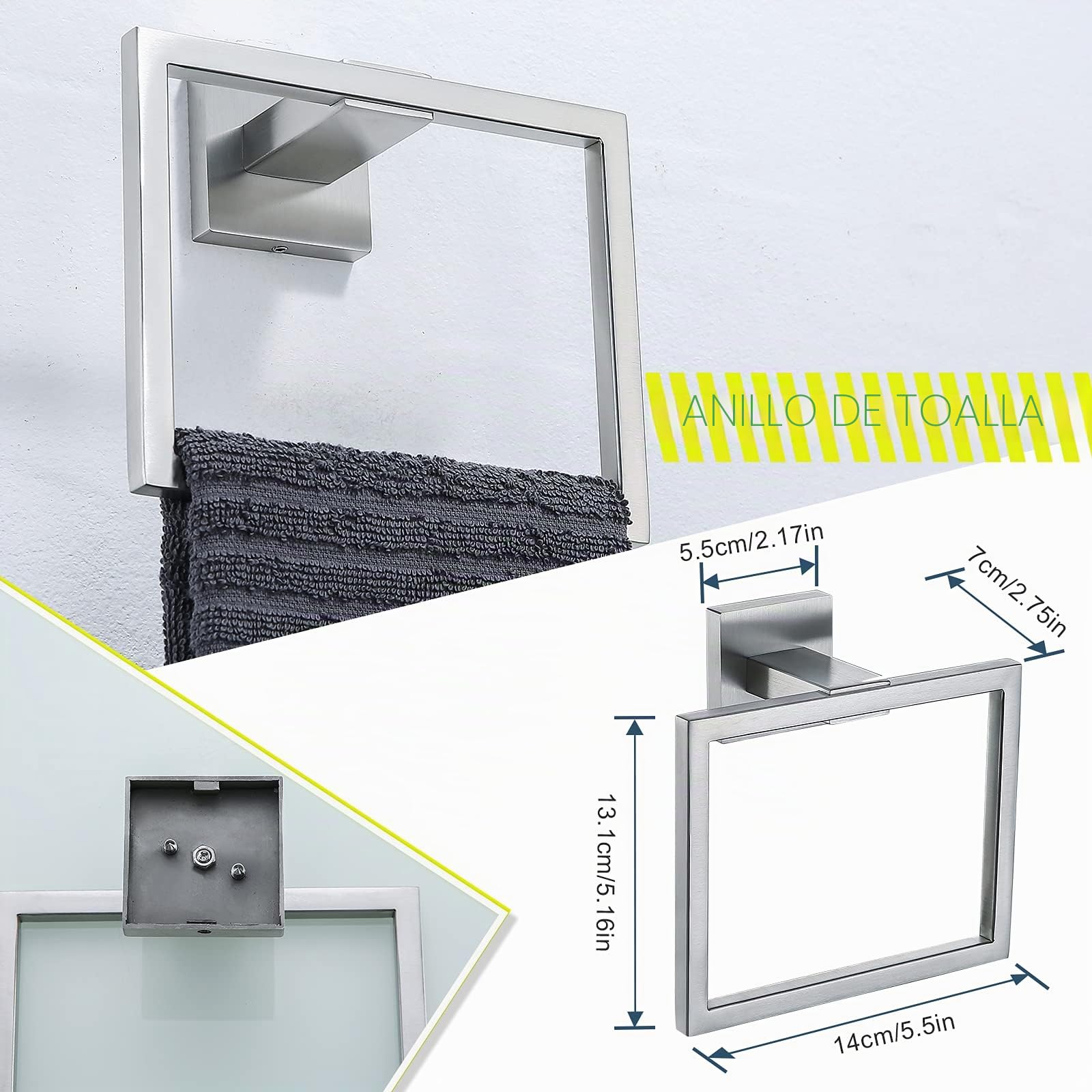 Juego de 4 accesorios de baño de acero inoxidable cepillado de alta calidad, cuadrados, montaje en pared, 60 cm, níquel cepillado