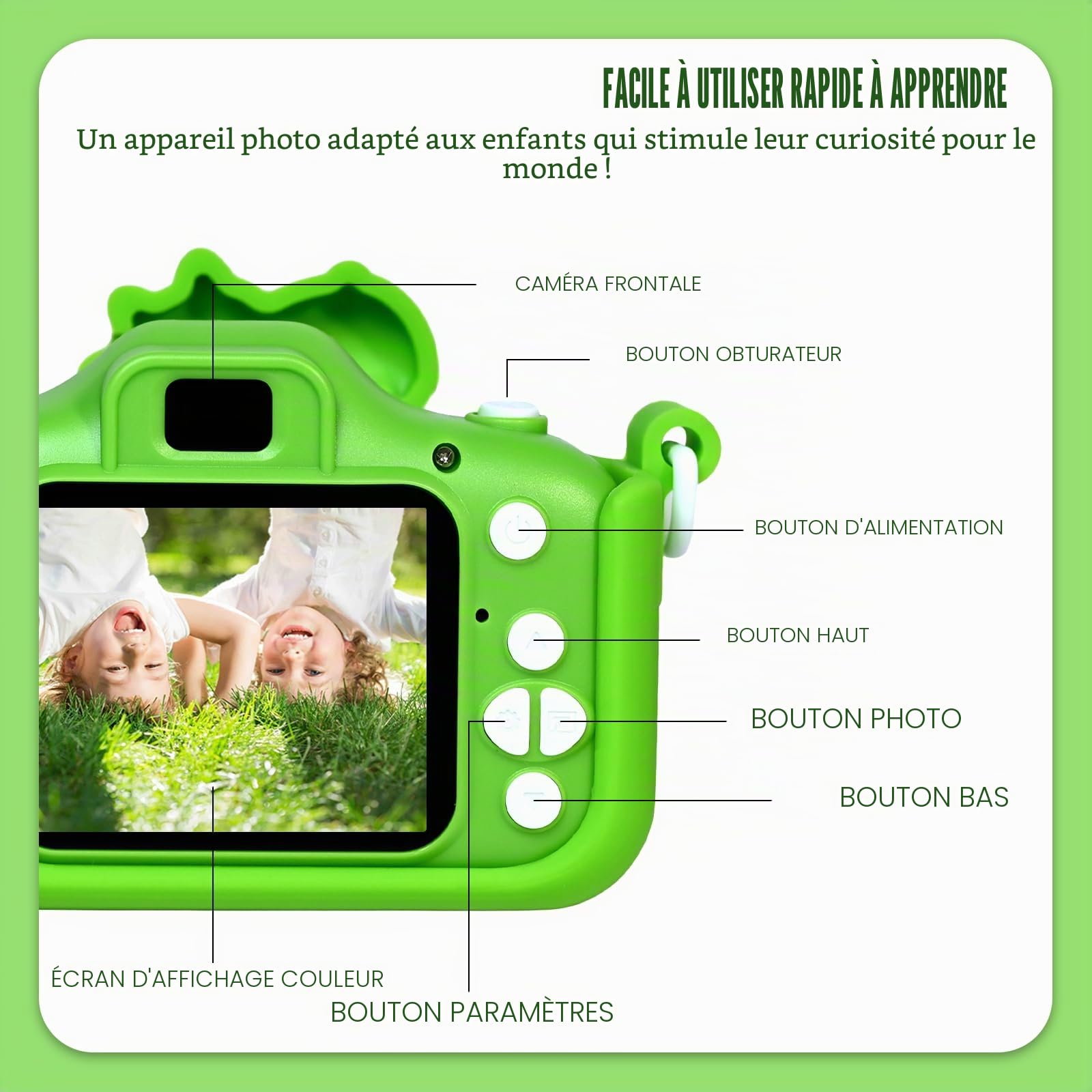 Appareil Photo Enfant, 2.0 Pouces Enfant Appareil Photo Numérique, HD 1080P Mini Caméra Enfant Selfie Apareille Photo 32G, Cadeaux Noë l& Anniversaire pour Enfants de 3 à 12 Ans (Vert)