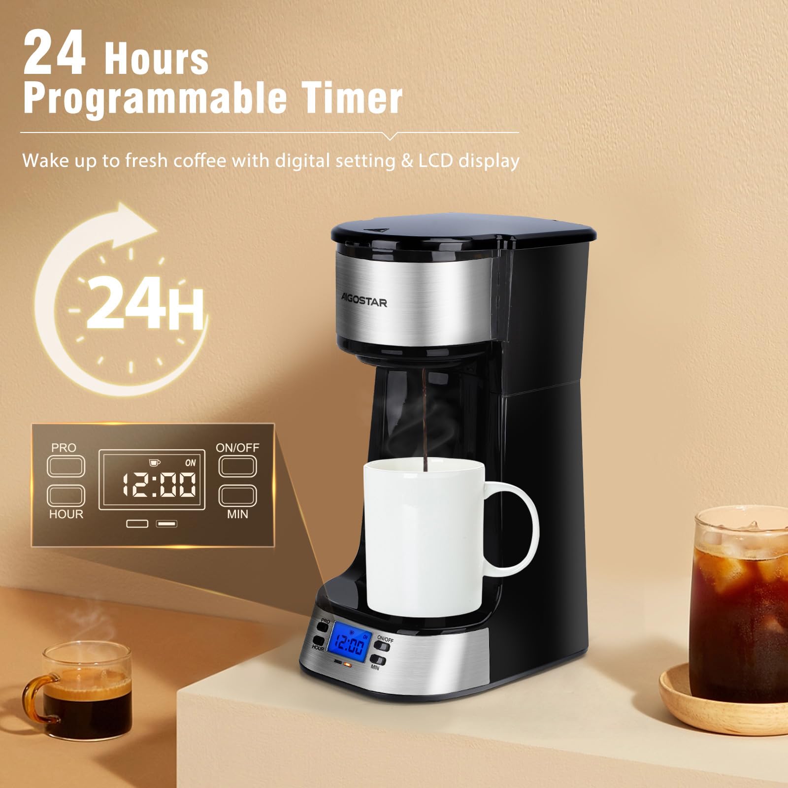 Aigostar - Cafetière Filtre avec 1 tasse isotherme Programmable 24h, Affichage LCD, Machine à café avec Gobelet de voyage de 420 ml et filtre à café réutilisable, 700W, Noir