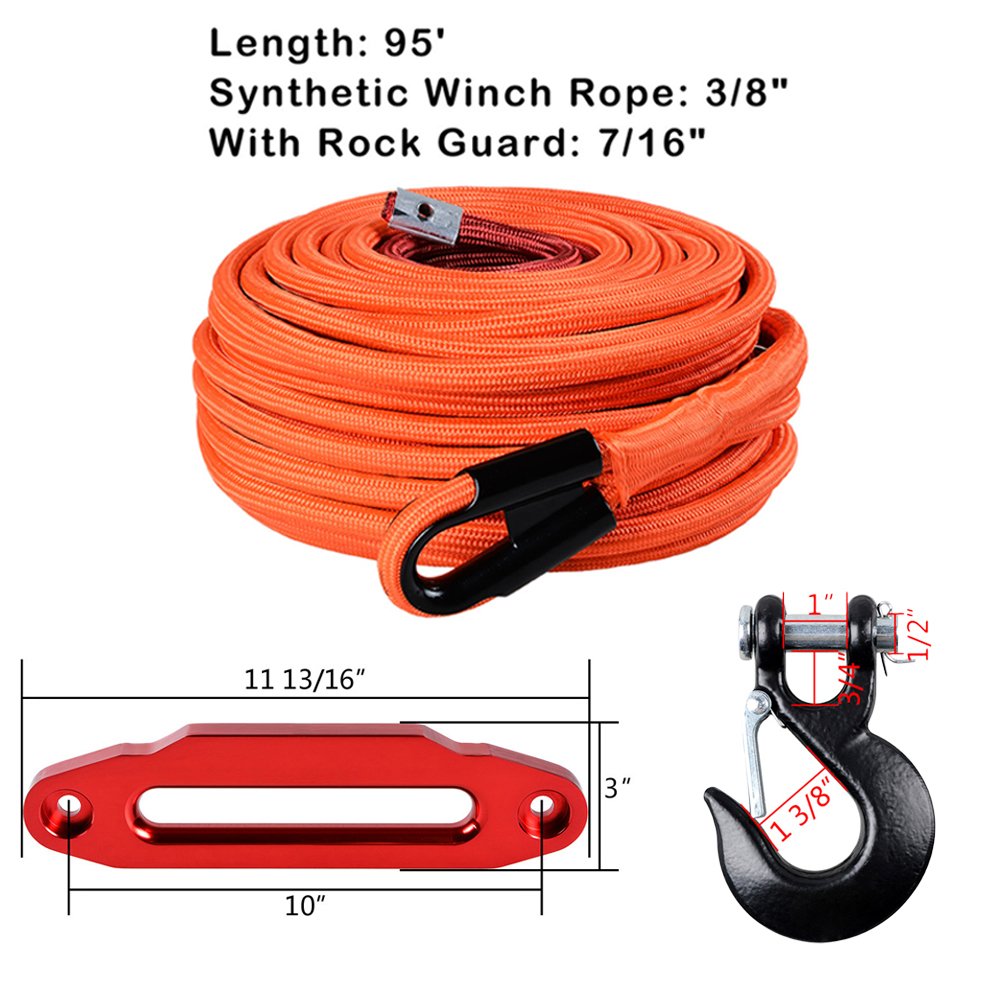 Set 95ft x 3/8 inch (Range Synthetic Winch Rope Cable 22000LBs w/Heat and Rock Guard + Black Half-Linked Winch Hook + Red 10