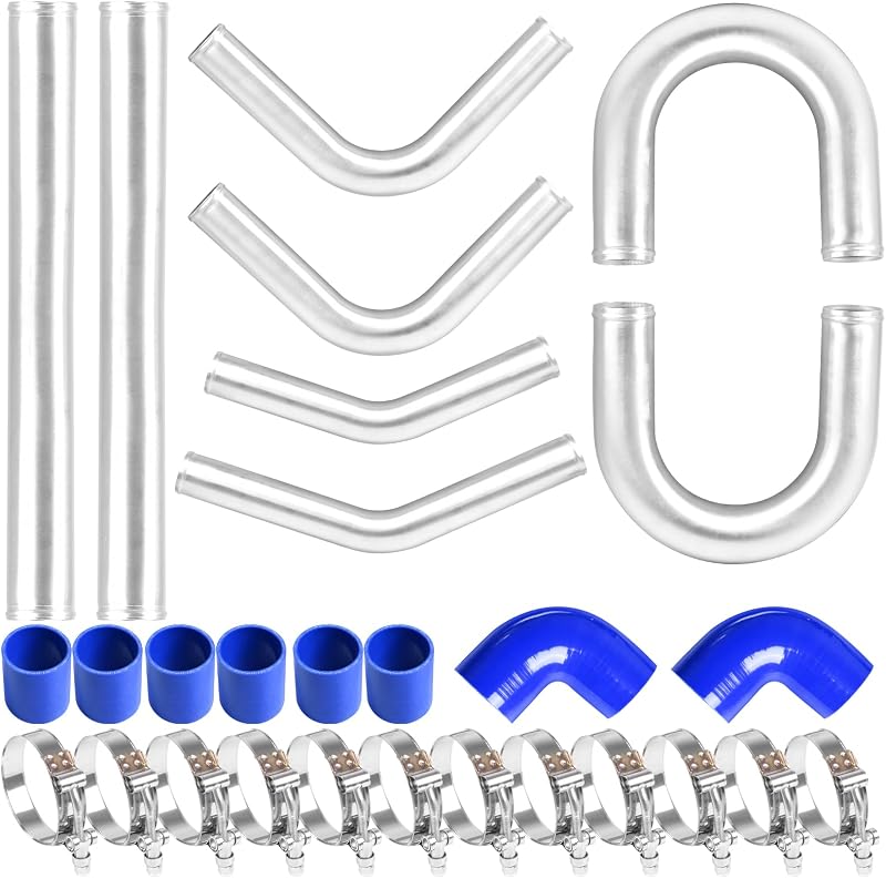 Kit de tubulação para intercooler Autoptzxd em alumínio, 3" azul com curvas, mangueiras e abraçadeiras – Conjunto com 31 peças