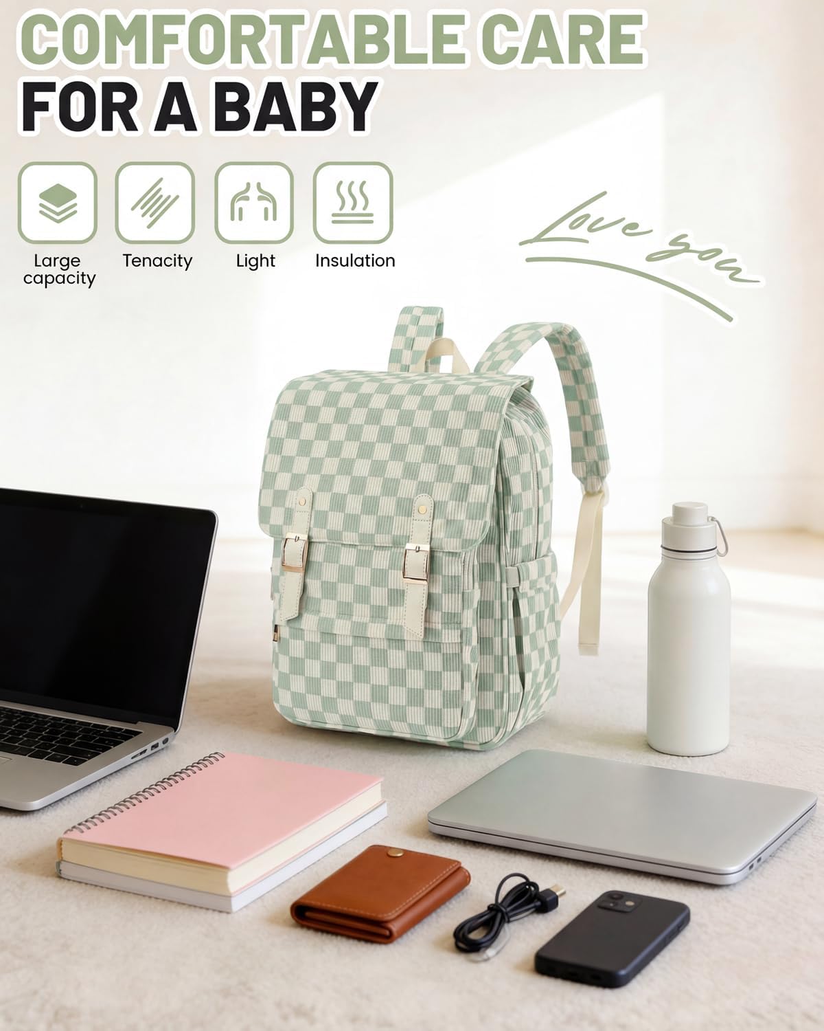Corduroy Laptop Backpack for Women, Fits 15.6 Inch Computer Bag, College High School Bookbag Travel Daypack Purse, Work Business Bags - Corduroy Checkered Green