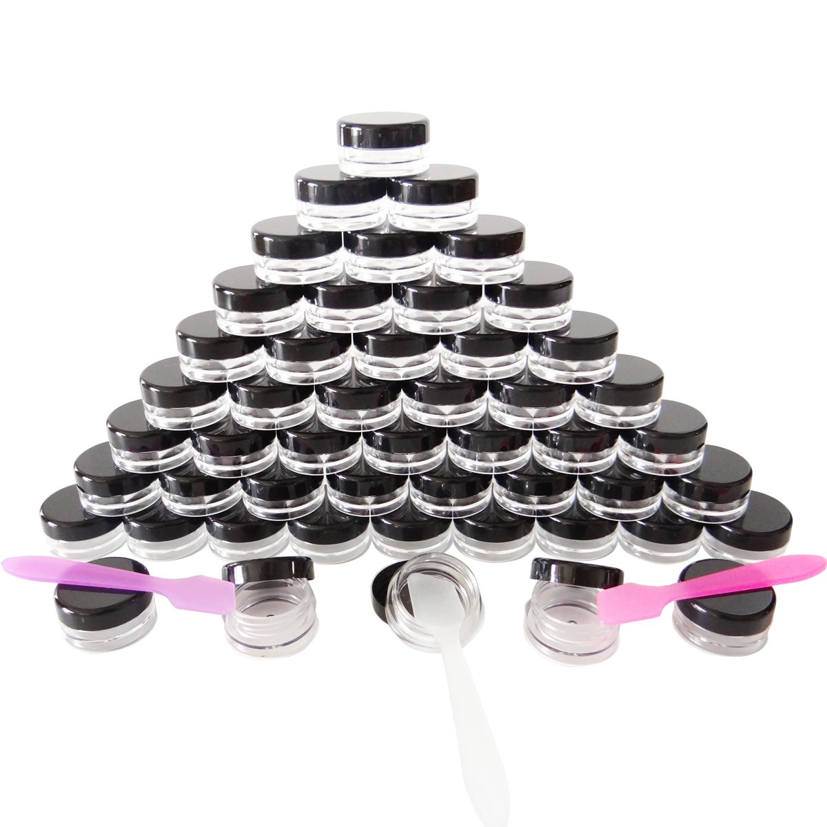 50 Pack 5g Makeup Sample Jars, 5ml Empty Small Cosmetic Containers, BPA Free, Plastic Round Pot Black Screw Cap Lid, Tiny 5 Gram Bottle for Makeup Eye-shadow Cream Bath Lotion Lip Gloss Balm