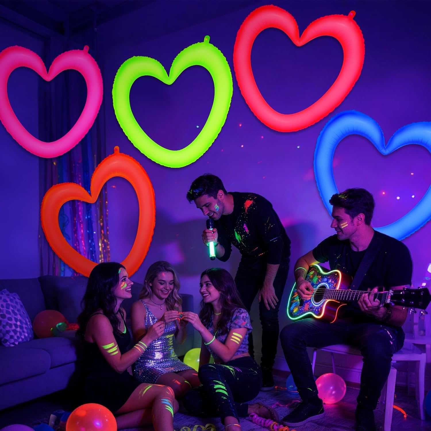 Mega-L Glow in The Dark Party Supplies, 5 Pcs Neon Heart Balloons, Fluorescent Red Yellow Fuchsia Blue and Orange, Photo Booth Props for Valentines Day, Birthday, Wedding, Engagement Romantic Decor - Image 4