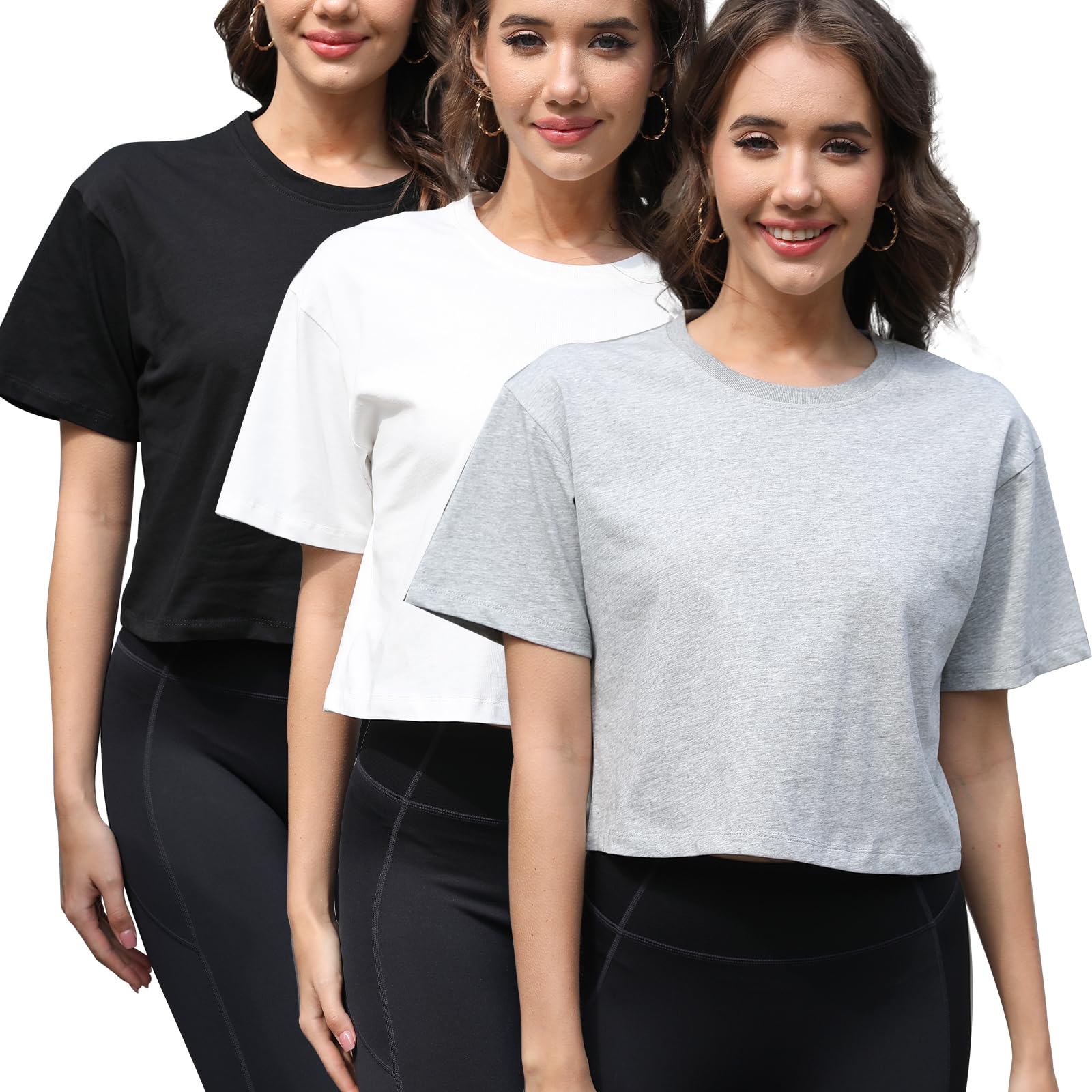 Crop-Top für Damen, 100 % Baumwolle, schulterfrei, halbe Ärmel, übergroß, Yoga, Laufen, bauchfreies T-Shirt