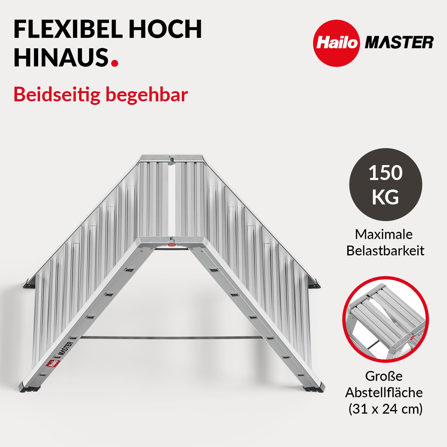 Hailo Master D100 Alu-Doppelstufenleiter 2x7 Stufen, EN 131, bis 150 kg | Beidseitig begehbar, rutschhemmende Stufen, große Abstellfläche, leicht und stabil