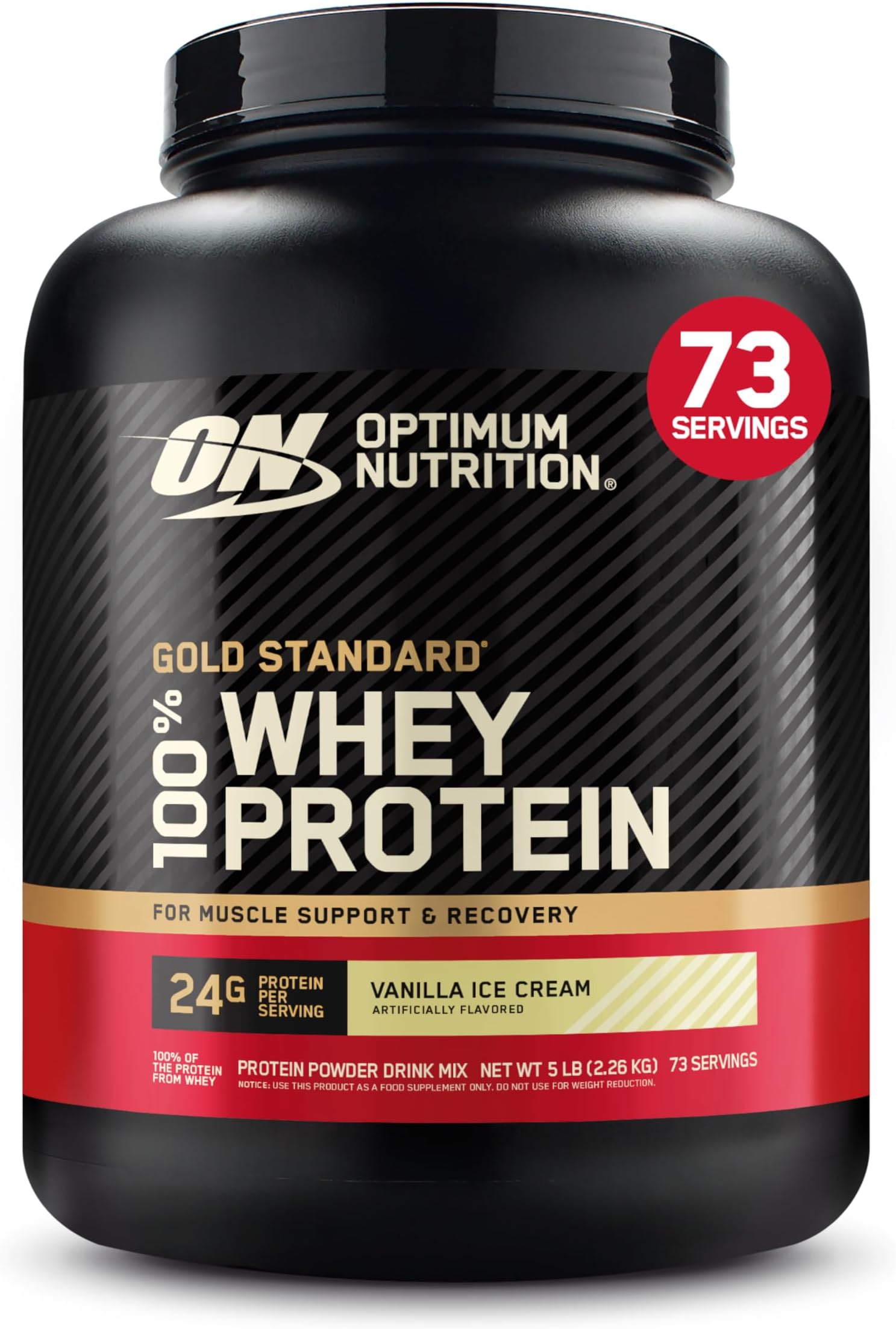 (ON) Gold Standard 100% Whey Protein Powder Primary Source Isolate, 24 Grams of Protein for Muscle Support and Recovery - Vanilla Ice Cream, 5 Lbs, 73 Servings (2.27 KG)