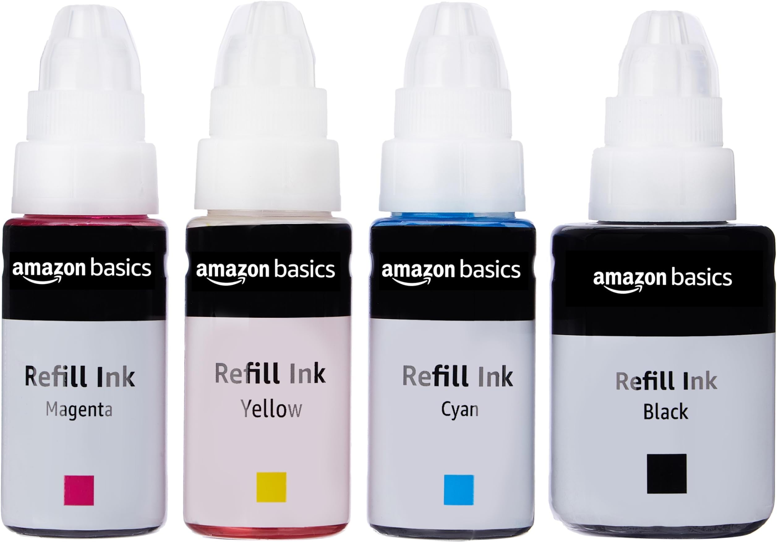 amazon basics GI 790 Ink Refill for Canon PIXMA G1000, G1010, G1100, G2000, G2002, G2012, G2100, G3000, G3010, G3012, G3100 Printers Ink|Perfect Compatibility|Leak-Proof (Black, Yellow, Cyan, Magenta)