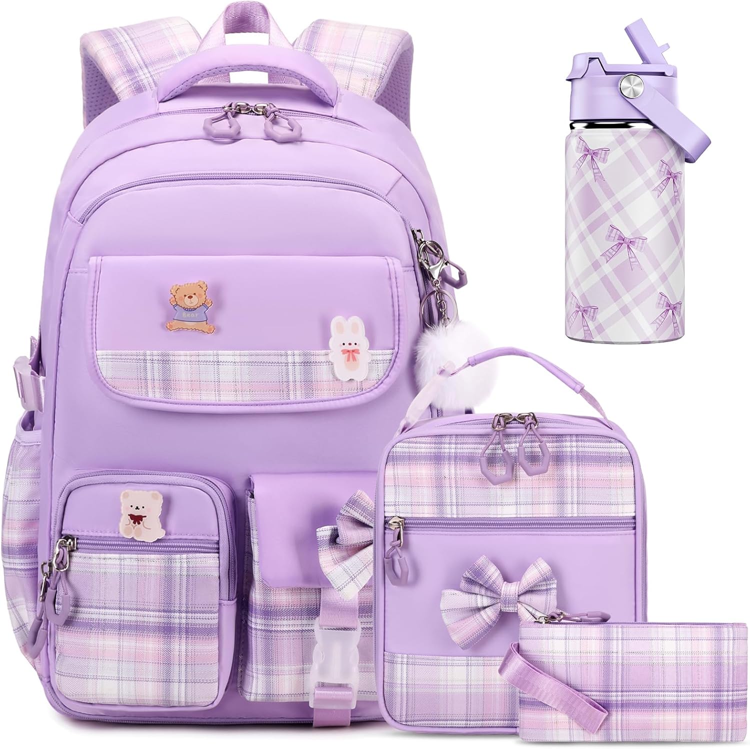 Backpack for Girls with Insulated Water Bottle, Bow Tie Plaid Bookbag for Girls Kids, 14oz Kids Water Bottle Stainless Steel, Lunch Bag & Pencial Case, Back To School Gift (Purple)