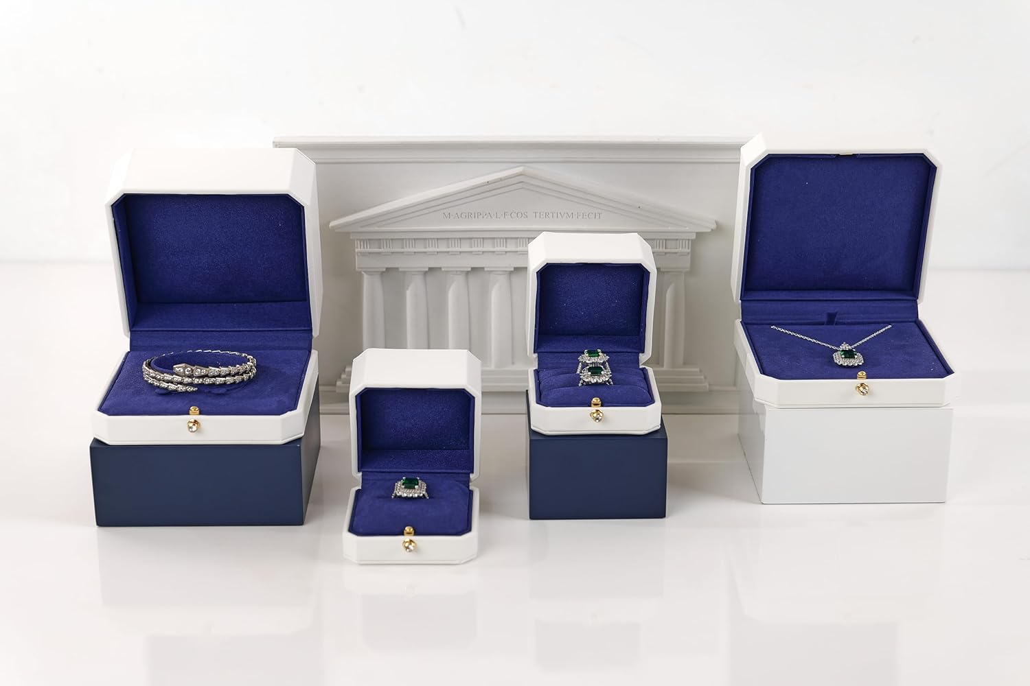 2 Slot PU Leather Ring Box Microfiber Interior Dual Ring Gift Box Jewelry Storage Case for Proposal, Wedding Mother's Day, Valentine's Day (White Blue)