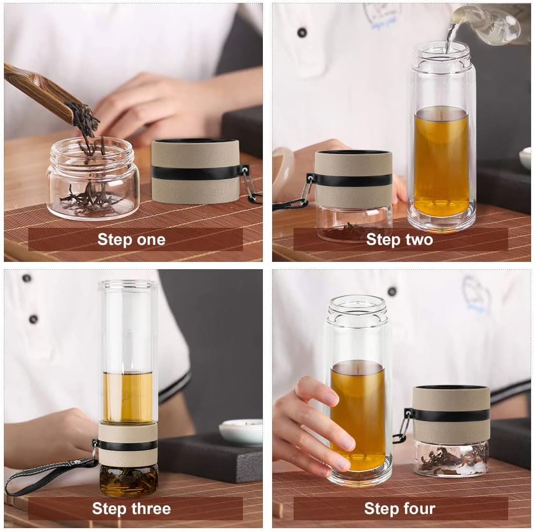 Tea Infuser Bottle - Double Wall Borosilicate Glass Tea Mug with Stainless Steel Filter - Tea Tumbler with Tea Diffuser - Portable Travel Tea Mug (Transparent) - Image 3