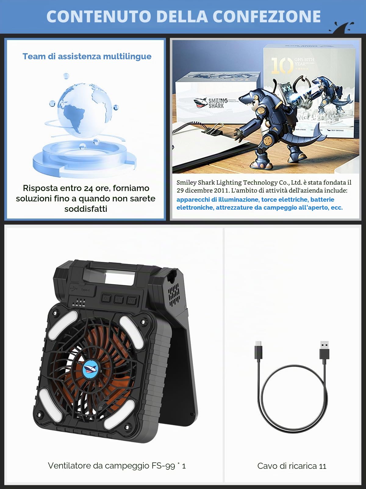 Smiling Shark Ventilatore da Campeggio con LED Luce, 6000mAh Portatile 4 Velocità 3 Luminosità Solare Ventilatore per Tavolo con Power Bank&Timer Ricaricabile Ventilator da Esterno per Viaggi Lavoro