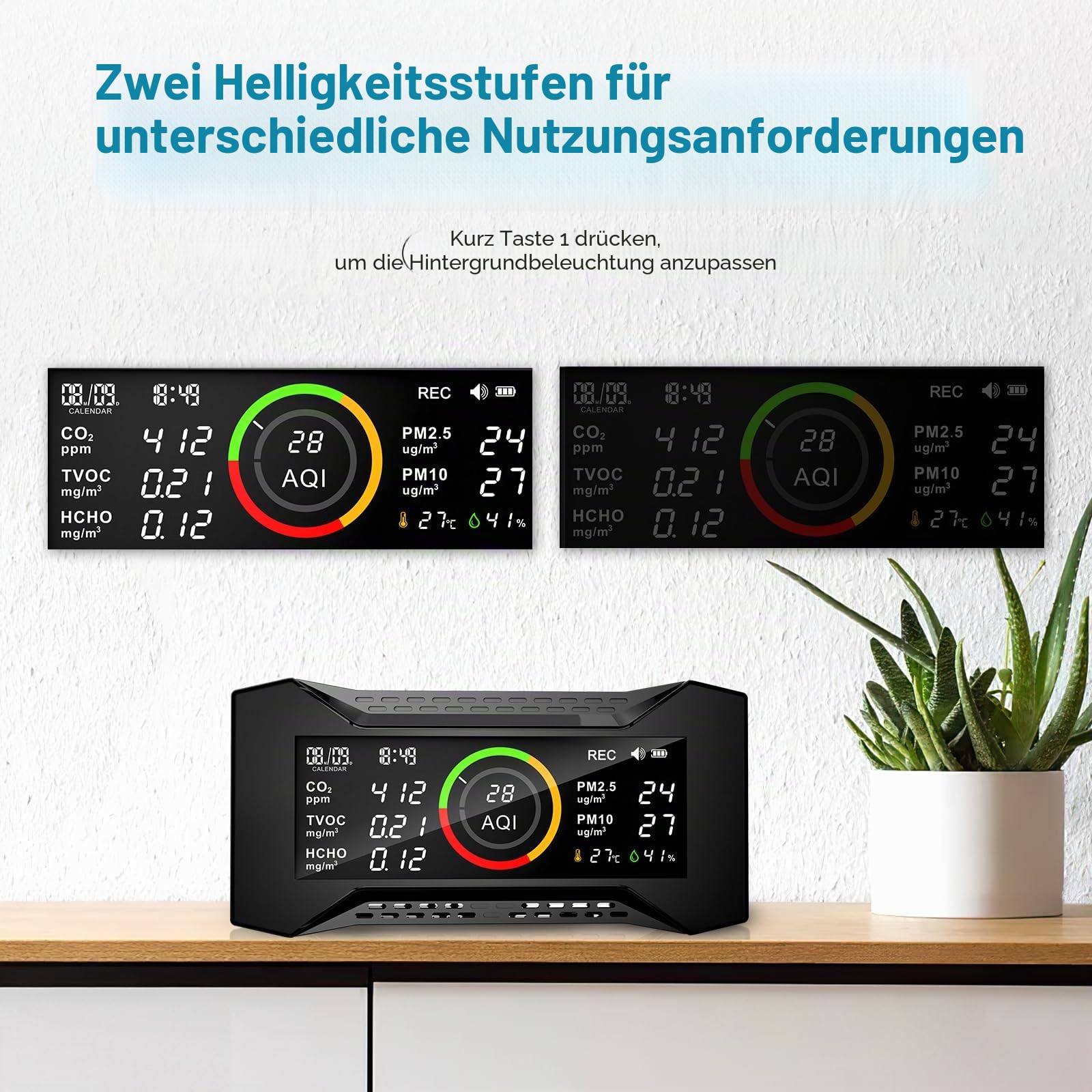 CF-20 DL Luftqualitätsmonitor Innen mit Datenbericht für CO2 TVOC PM2.5 PM10 AQI HCHO Temperatur Luftfeuchtigkeit, Luftverschmutzungsmonitor mit Audio-Alarm, CO2-Monitor für Zuhause