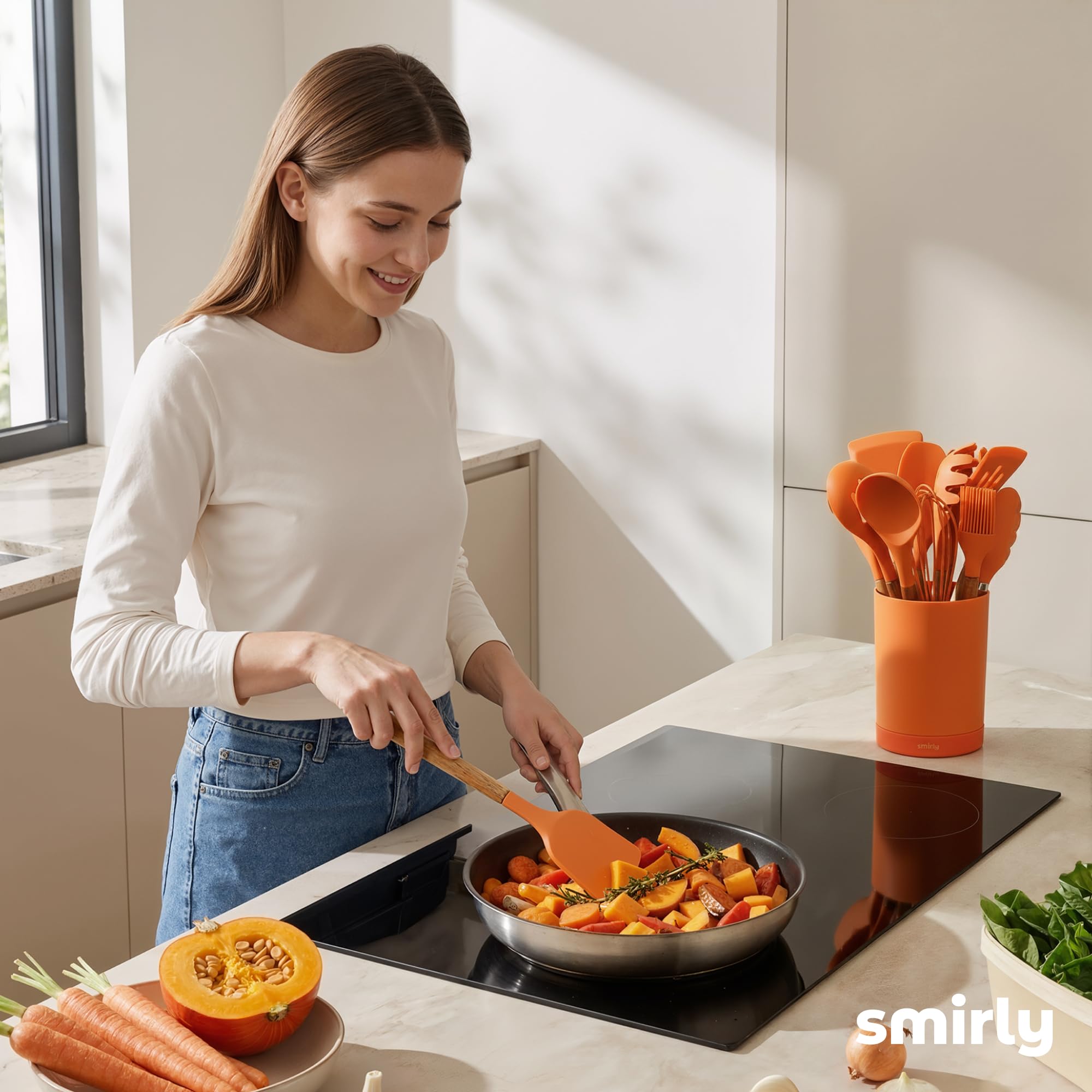 SMIRLY Juego de utensilios de cocina de silicona, esenciales de cocina para el nuevo hogar y el primer apartamento, juego de espátulas de silicona, 22 Piezas, Naranja