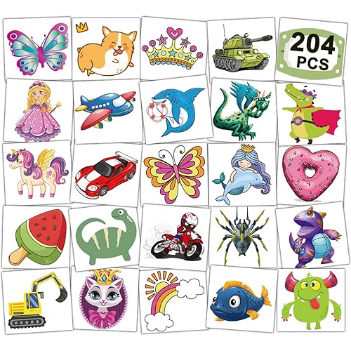 CHARLENT 204 PCS Individually Wrapped Temporary Tattoos for Kids - Fun Tattoos for Boys Girls Birthday Party Favors Goodie Bag Fillers