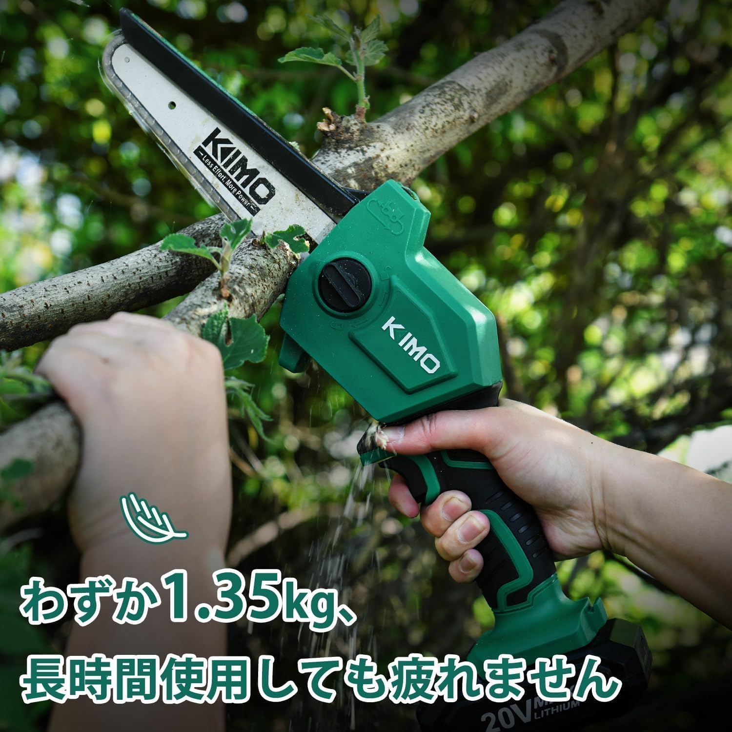 Person holding the lightweight KIMO mini chainsaw