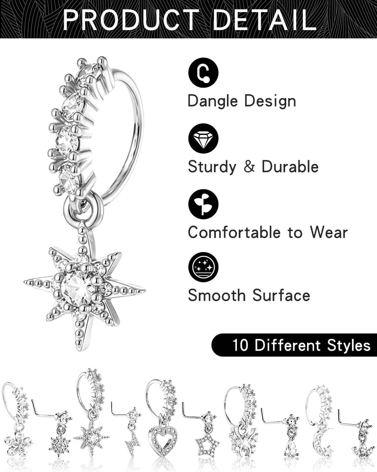 JELIEE 10 PCS Dangle Nose Rings Hoop 20g Silver L Shaped Rings Studs for Women Dangling Nose Piercing Jewelry Set Cute Piercings Ring Indian Piercing Jewelry Heart Star Butterfly Moon Shape Ring