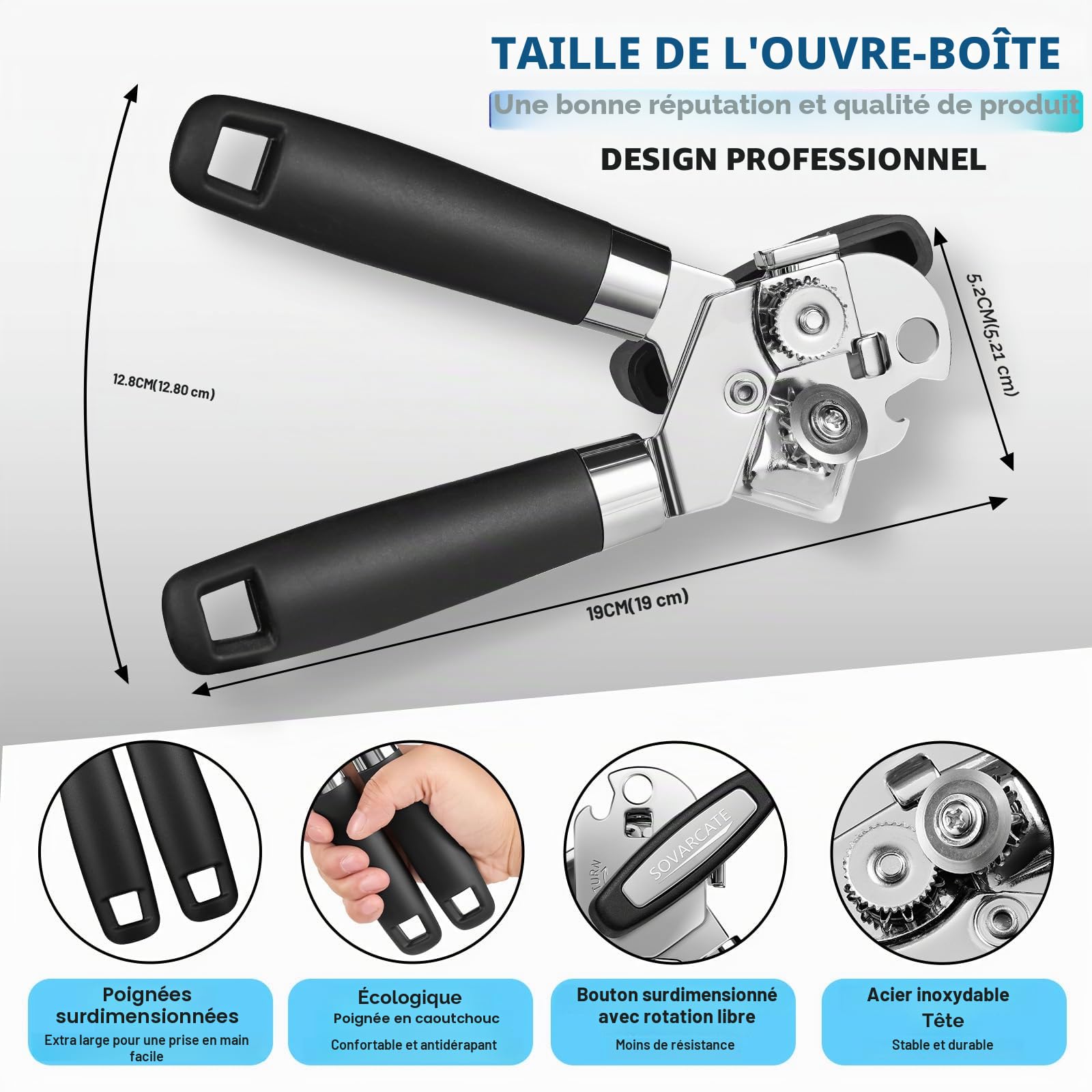 Ouvre Boite de Conserve Manuel Multifonctionnel avec Aimant de Levage, Poignée Ergonomique pour Personnes Agées et Arthrite
