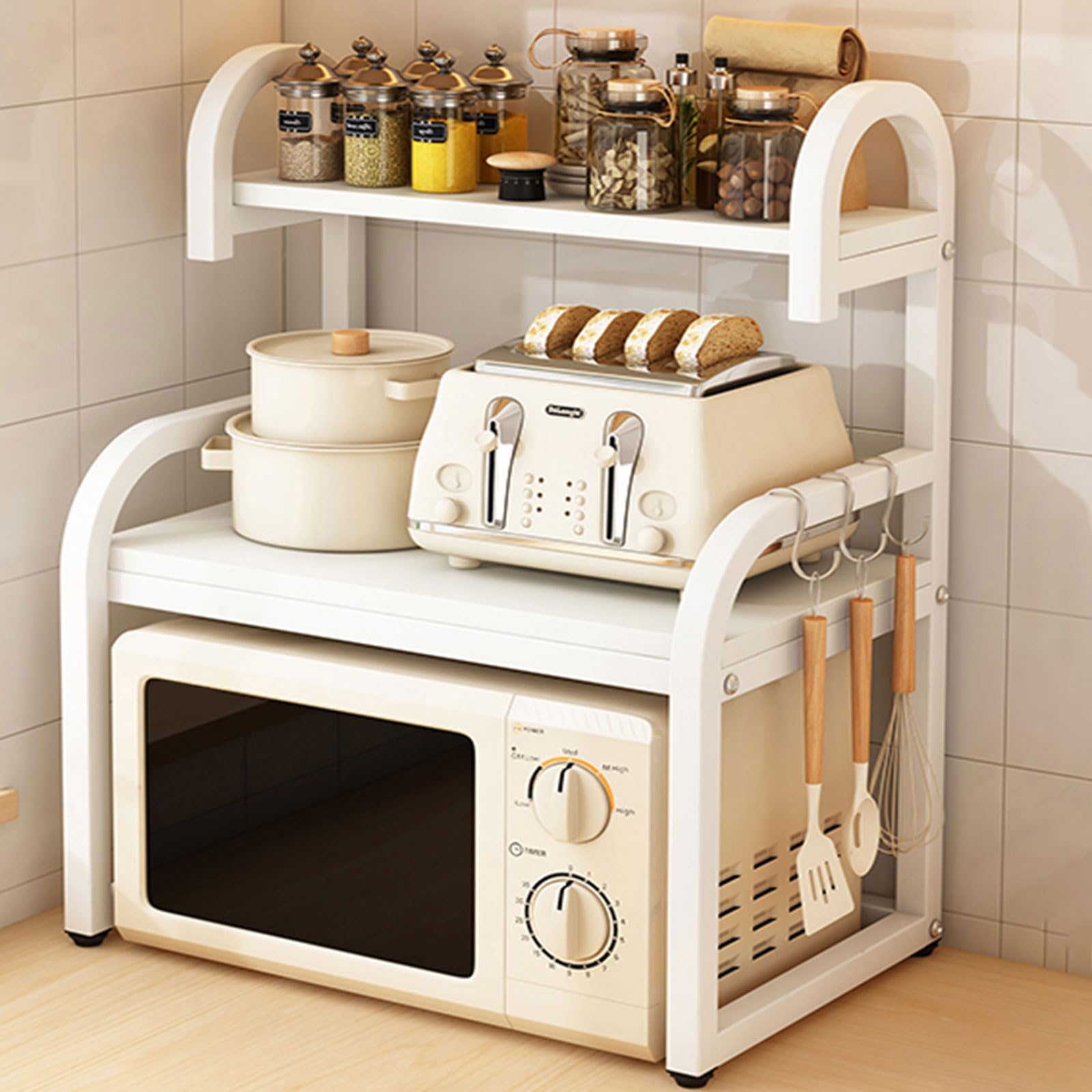 POLGDW 2 Tier Wooden Microwave Stand with Hooks Kitchen Countertop Storage Shelf for Appliances Tableware & Condiments Space Saving nizer for Home & Dining Room