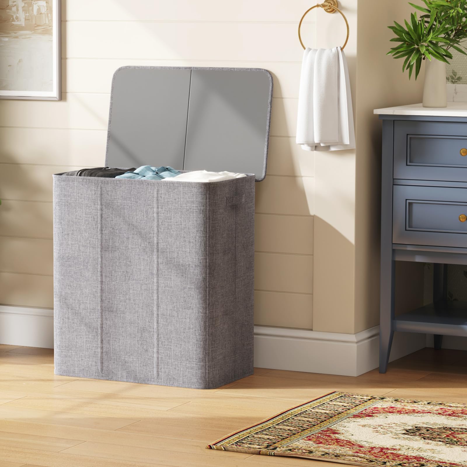 Lifewit 160L Cesto Ropa Sucia 3 compartimentos con Tapa, Grande Cubo Ropa Sucia con 3 Bolsas Para Colada Extraíbles, Cesto Ropa Sucia con Asas para Dormitorio Baño Lavanderia, Gris Claro