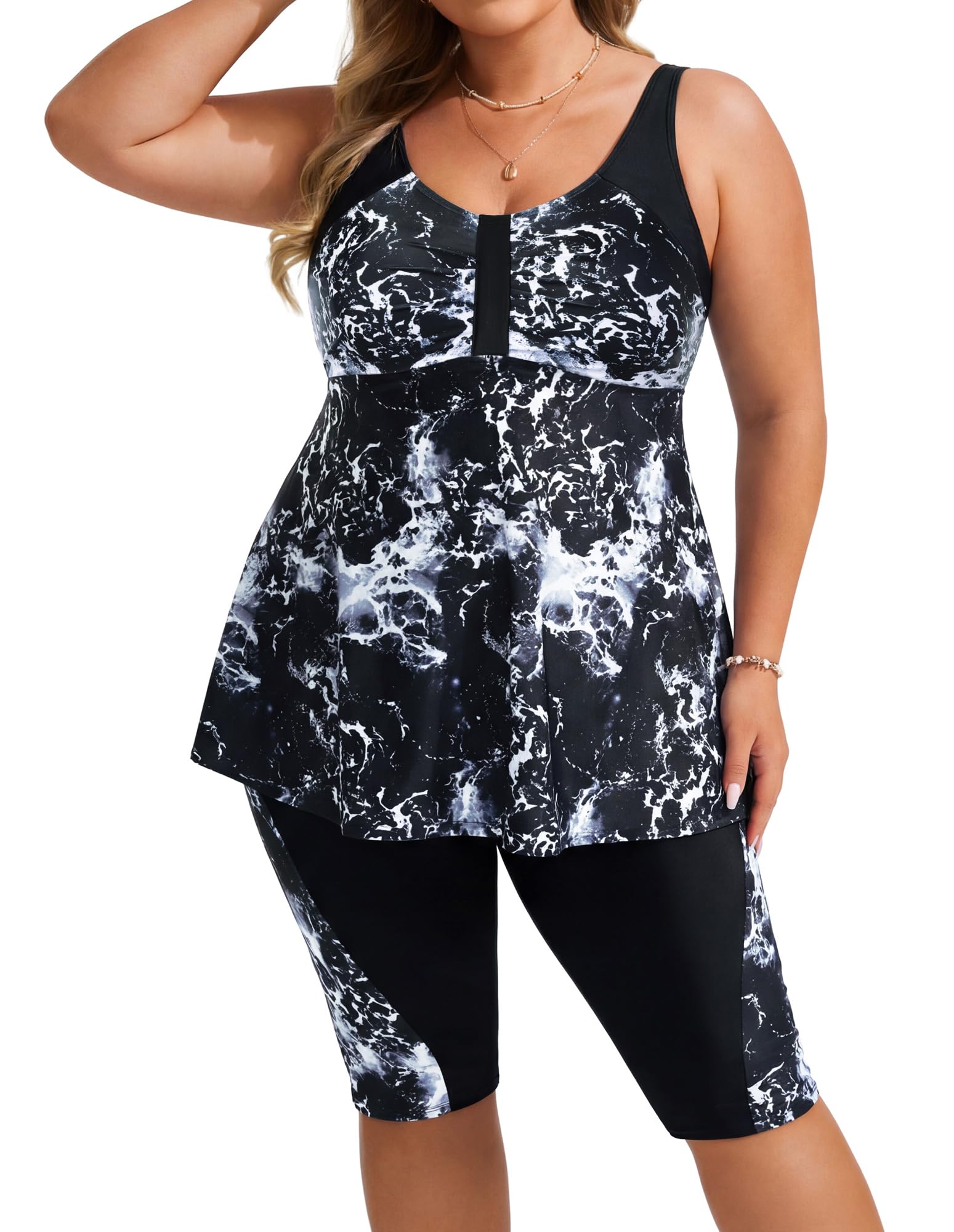 Hanna Nikole Tankini Damen Große Größe Bauchweg Bademode Push Up Tankini Zweiteiliger Set Hohe Taille Sommer Badeanzüge Tankini Oberteil mit Badeshorts