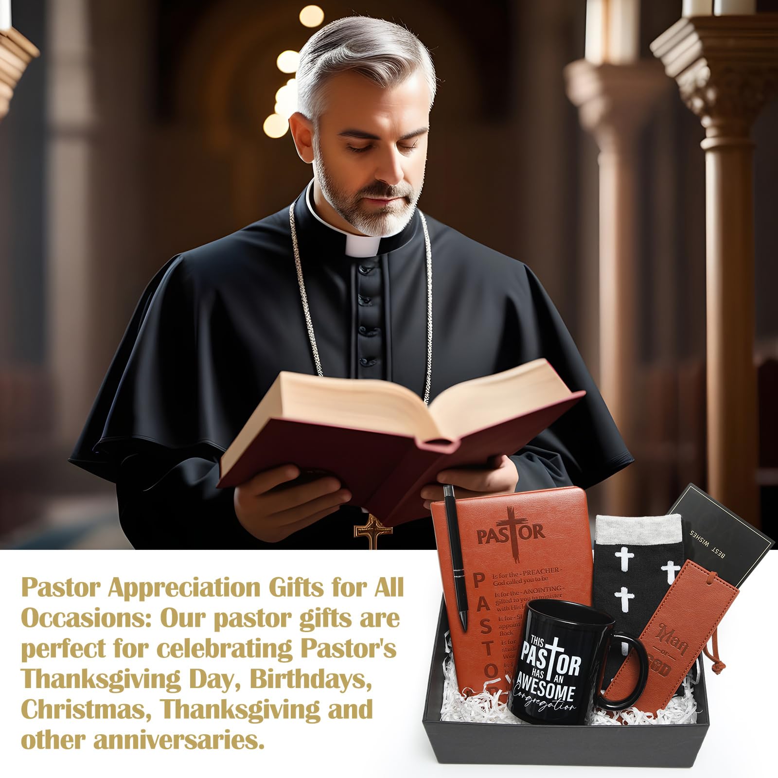 7 Pcs Pastor Appreciation Gift for Men Christian Pastor Gift Includes Leather Journal Man of God Bookmark Pen 11 oz Coffee Mug Cross Crew Socks Box for Birthday Fathers Day(Brown and Black)