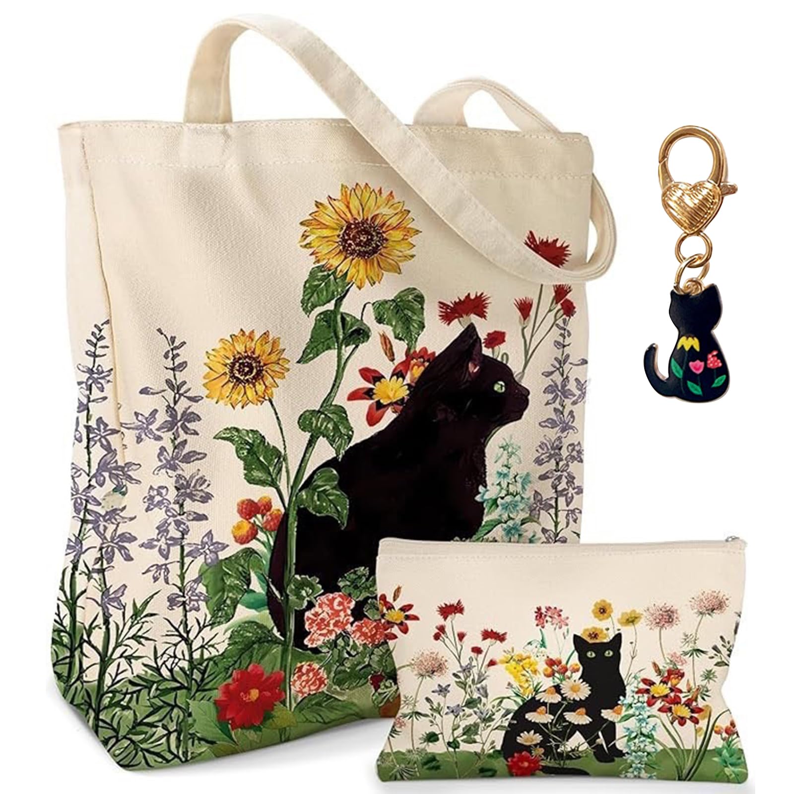ZXTGBQ 3 Pcs Cat Canvas Tote Bag and Makeup Bag Black Cat Gifts for Women Gifts Casual Bag with a Keyring for Shopping Work Travel Birthday