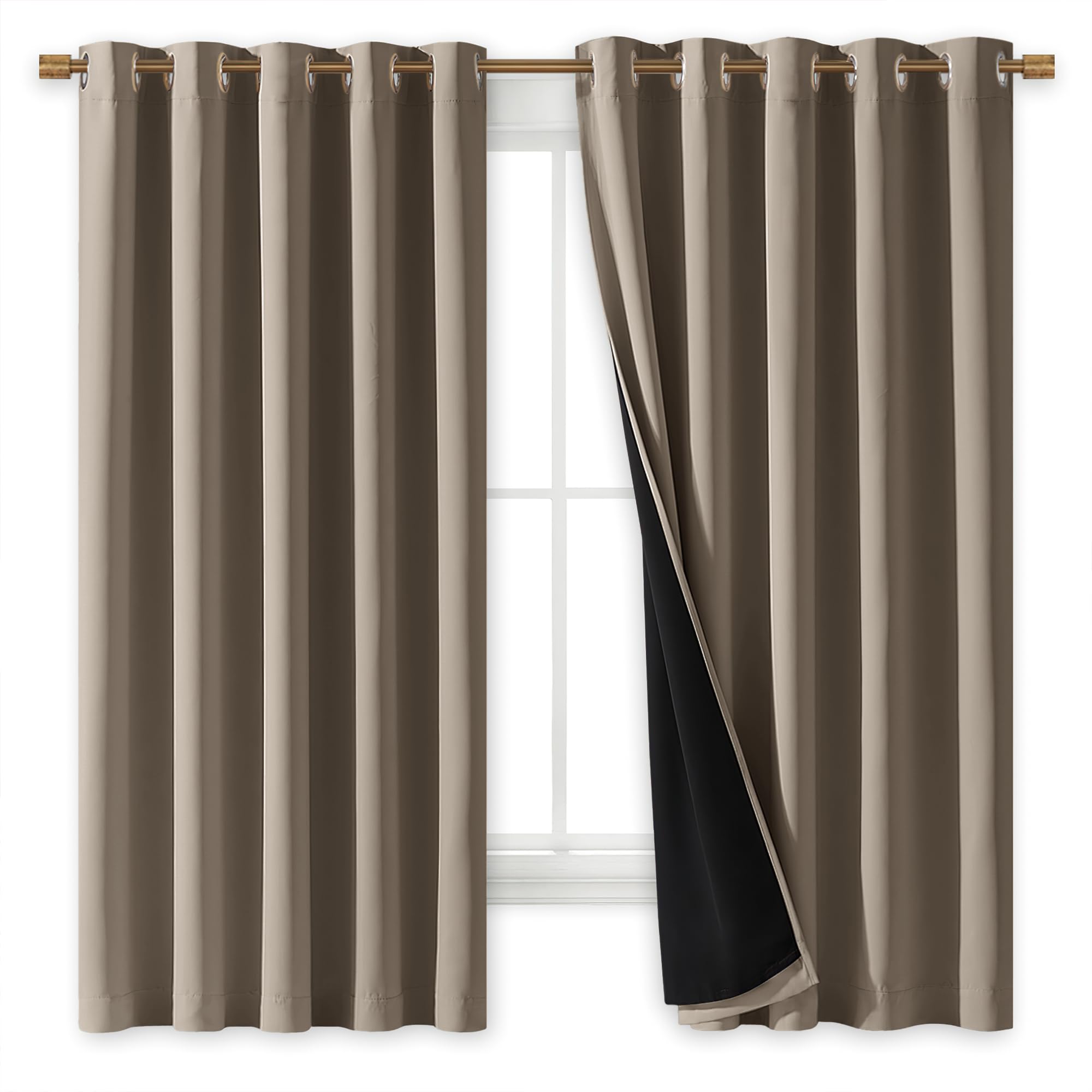 NICETOWN 100% Blackout Curtains with Black Liners, Thermal Insulated Full Blackout 2-Layer Lined Drapes, Energy Efficiency Window Draperies for Bedroom (Taupe, 2 Panels, 70-inch W by 63-inch L)
