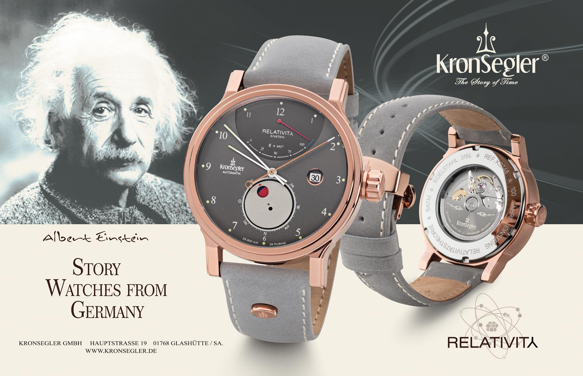 Kronsegler Einstein - Relativity Rosé Umbra - Herrenuhr Automatik | Automatikuhr 43mm mit Saphirglas | Gangreserveanzeige, Lederband
