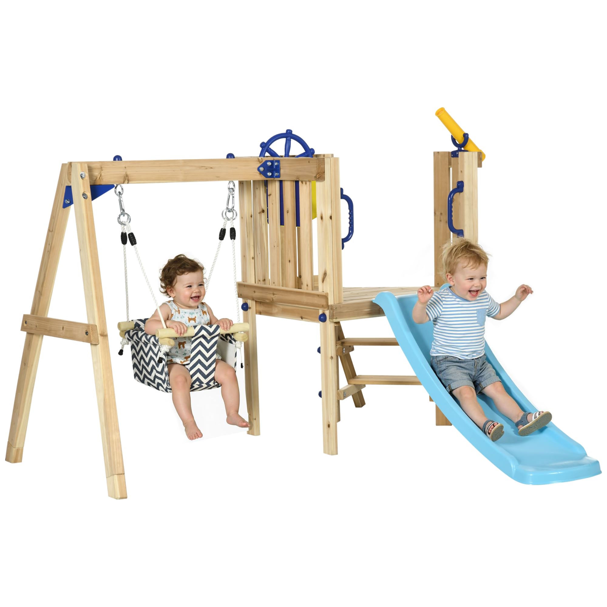 AIYAPLAY Columpio y Tobogán Infantil Exterior, Parque Infantil Exterior de Madera con Columpio, Tobogán, Volante, Telescopio, para Niños de 18-48 Meses, para Patio, Césped, Natural