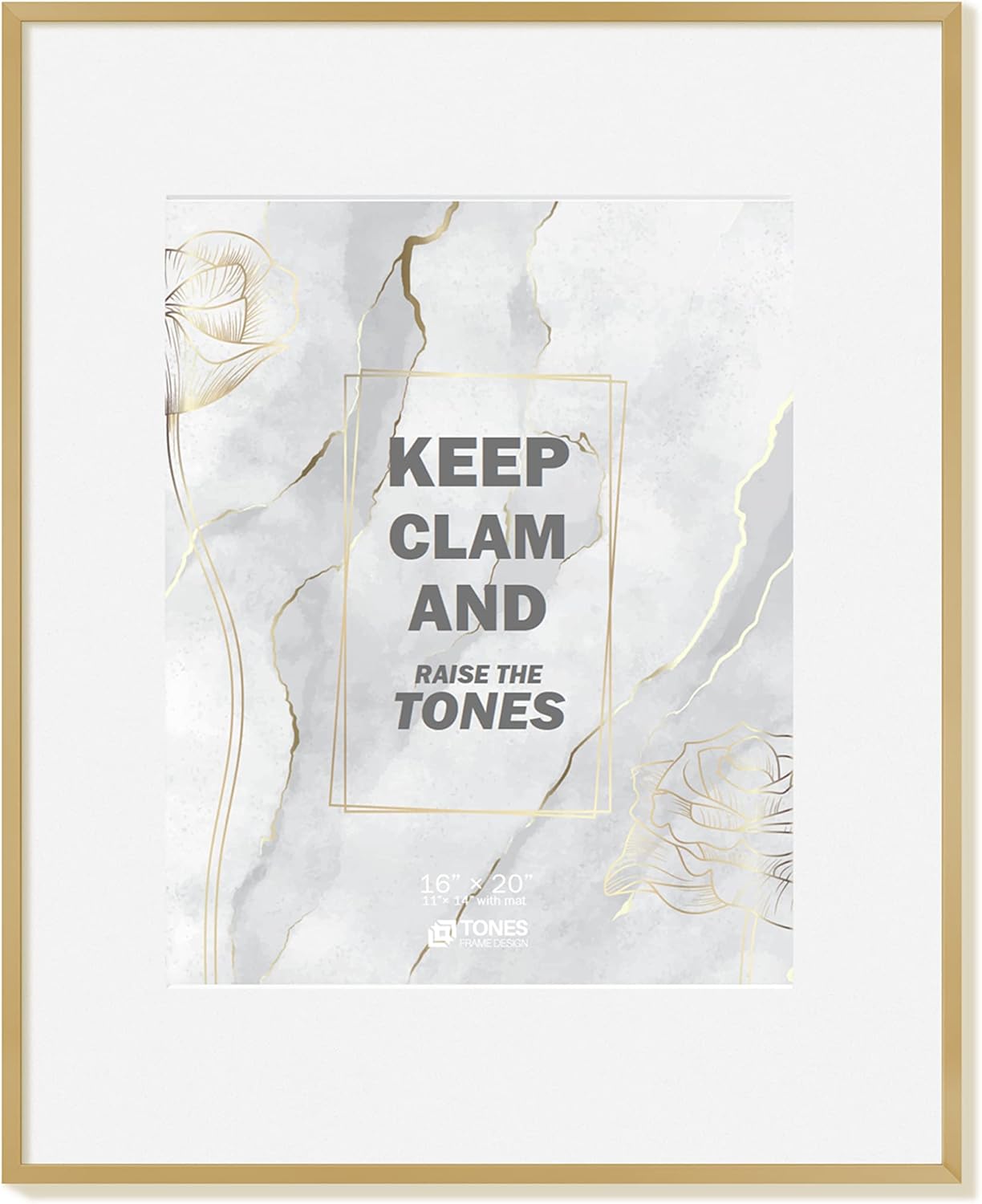 16x20 picture frame (shiny brushed aluminum), gold metal photo frame mat to 11x14 and tempered glass, for art gallery wall tabletop decor