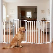 WAOWAO Heavy-duty Freetanding Dog Gate with Door, 71"Extra Wide 30"Tall Metal Puppy Pet Gate for Indoor, Foldable Gate for Doorways, Stairs, Hallways, House, Free Standing /Wall Mounted Gate 4 Panels