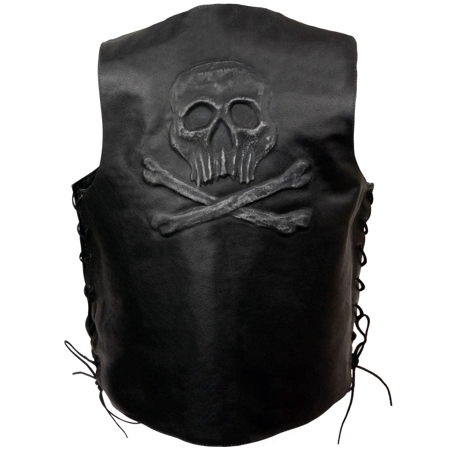 EVENT LEATHER ELM3915 Men's Black Side Lace Motorcycle Leather Vest with Skull and Cross Bones Emboss