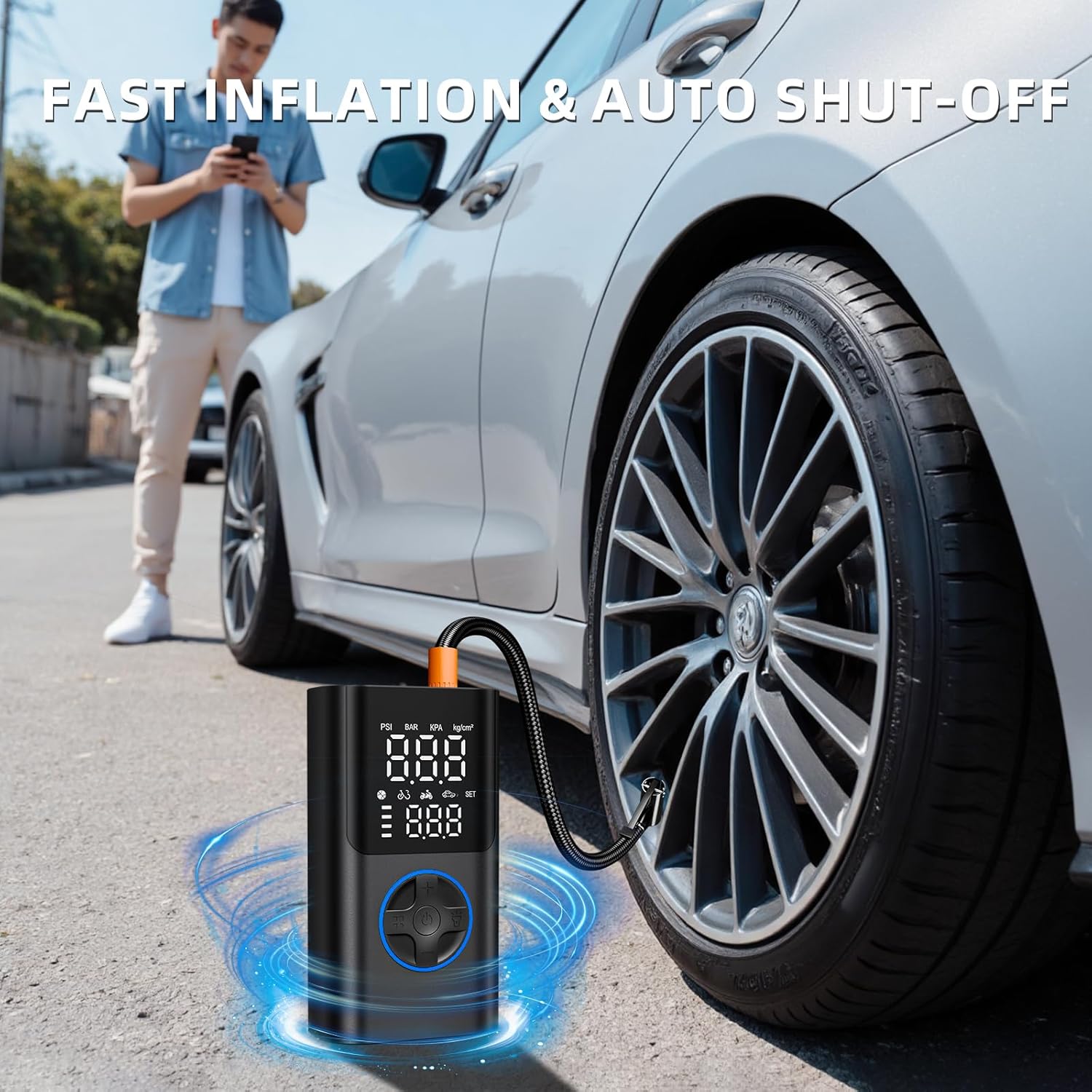 AIRSURE Tire Inflator Portable Air Compressor, 150PSI Fast Inflation Bike Pump with Gauge & USB Charging Output, Air Pump for Car, Bicycles, Motorcycles, Scooters & Balls
