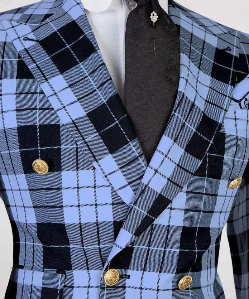 Mens Double-Breasted Plaid Blazer Checkered Leisure Prom Tuxedo Grooms 2 Pieces Slim Fit Suits Set4