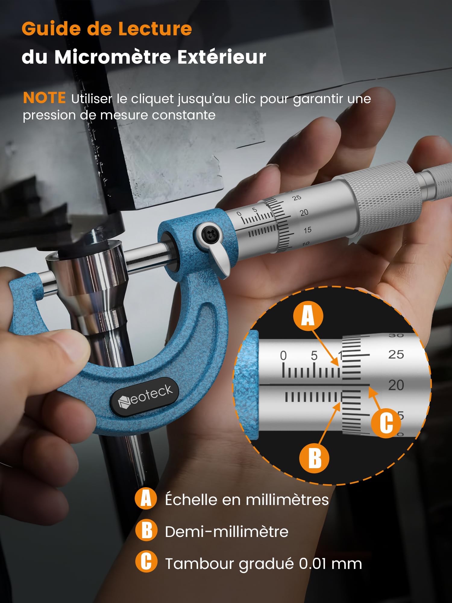 Neoteck Micromètre Extérieur Mécanique 0-100 mm – Kit 4 Pièces 0-25/25-50/50-75/75-100 mm Précision 0,01 mm avec Cliquet, Faces en Carbure, Ét alons 25/50/75 mm – Pour Usinage & Atelier Professionnel