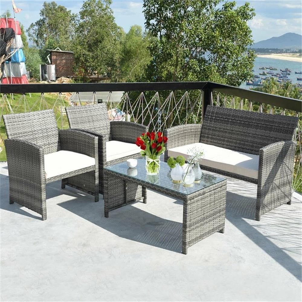 Pemberly Row 4-Piece Patio Furniture Set, Contemporary Rattan and Steel, Gray Finish, Includes Sofa, Loveseat, Coffee Table, Durable Outdoor Seating for Garden, Deck, or Porch