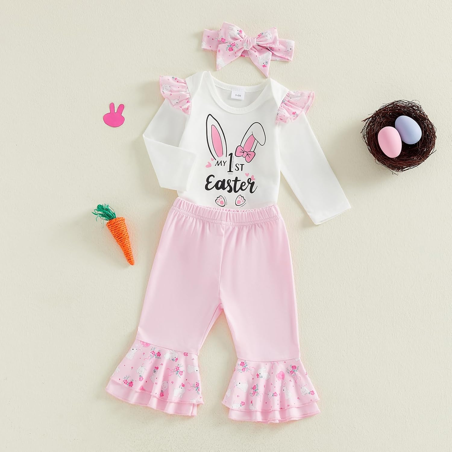 Lamuusaa Newborn Baby Girl Easter Outfit My 1st Easter Romper Ruffle Bunny Onesie Flared Pants Headband Easter Clothes 0-18M - Image 6