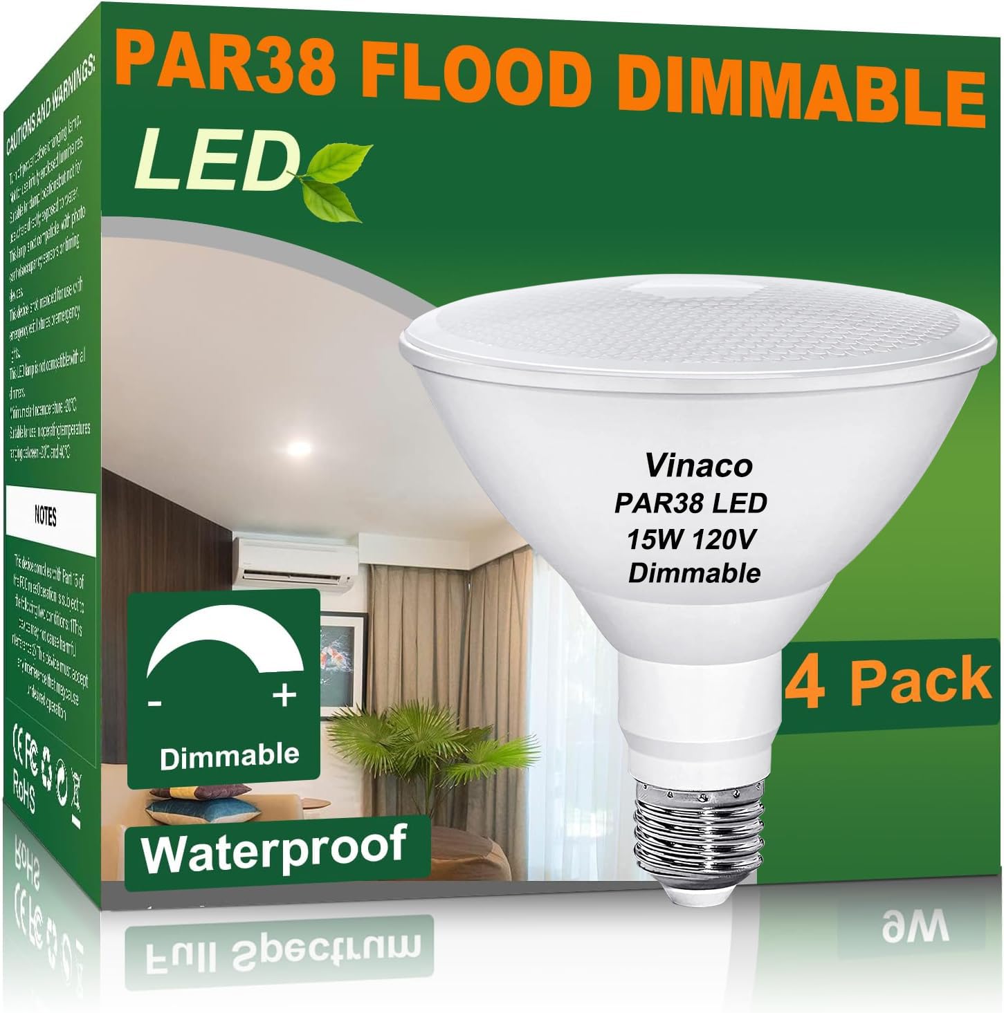 Vinaco PAR38 LED Flood Light Bulbs, 4 Pack 1300LM PAR38 Outdoor Flood Light Bulbs 15W, Equivalent 150W, 5000K Daylight Dimmable Waterproof No Flicker
