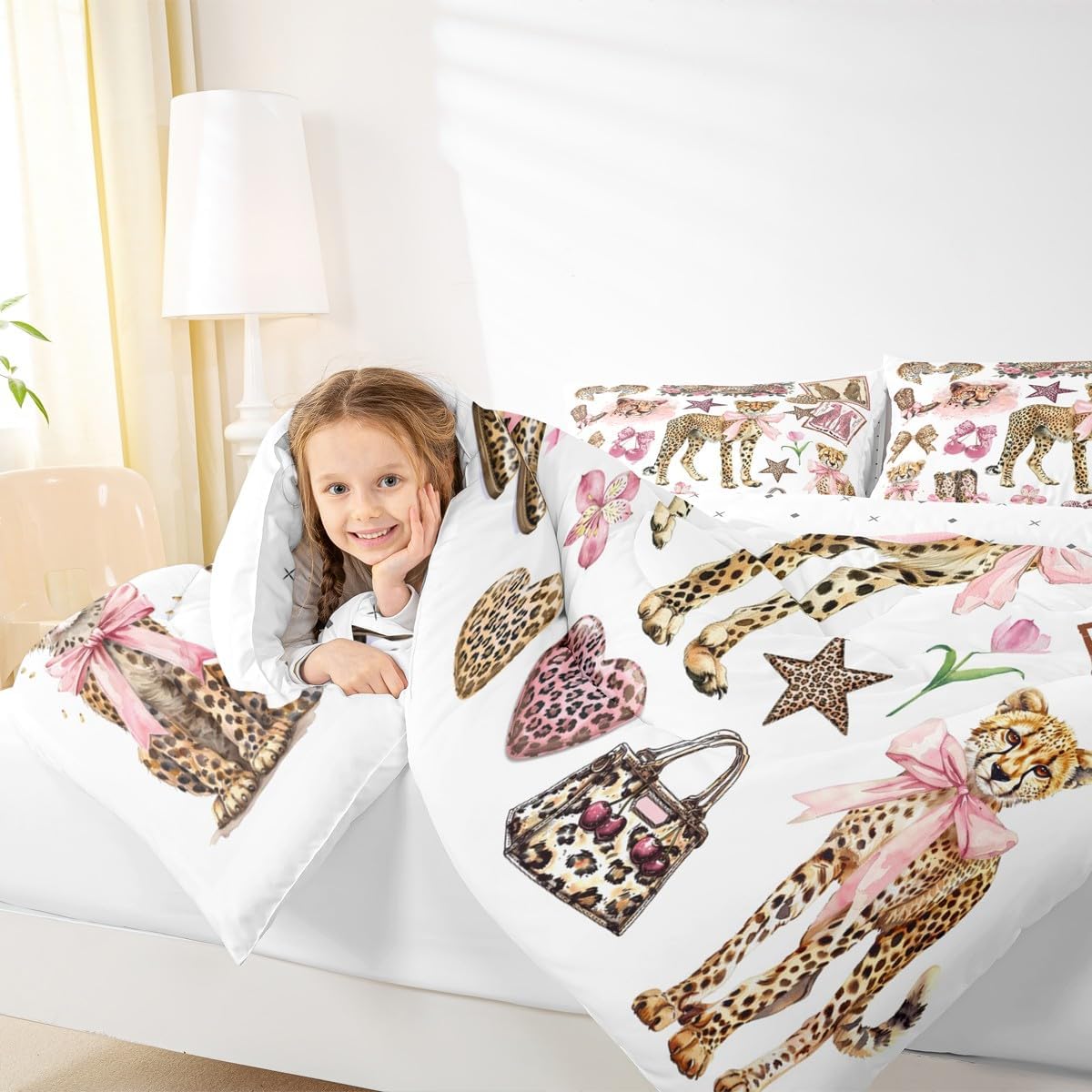 Manfei Girly Bow Cute Comforter Sets Full Size,Cartoon Cheetah Boots Bedding Comforter for Kids Girls Boys,Wild Animal Prints Quilt Sets for Bedroom Decor,Duvet Insert,2 Pillowcase,Pink Brown