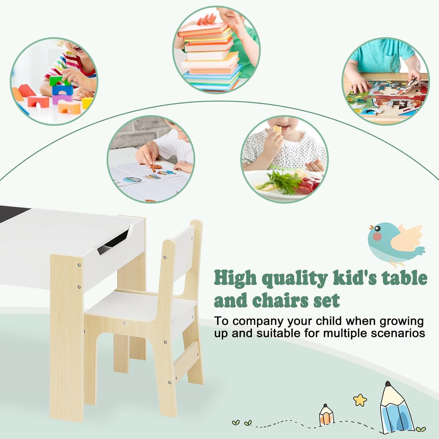 Lestarain Kindertisch mit 2 Stühlen, Kindertisch mit Stauraum, Maltisch für Kinder, Kindersitzgruppe mit wendbarer & abnembarer Tischplatte, Kindermöbel Set für Kinderzimmer Kindergärten, Weiss