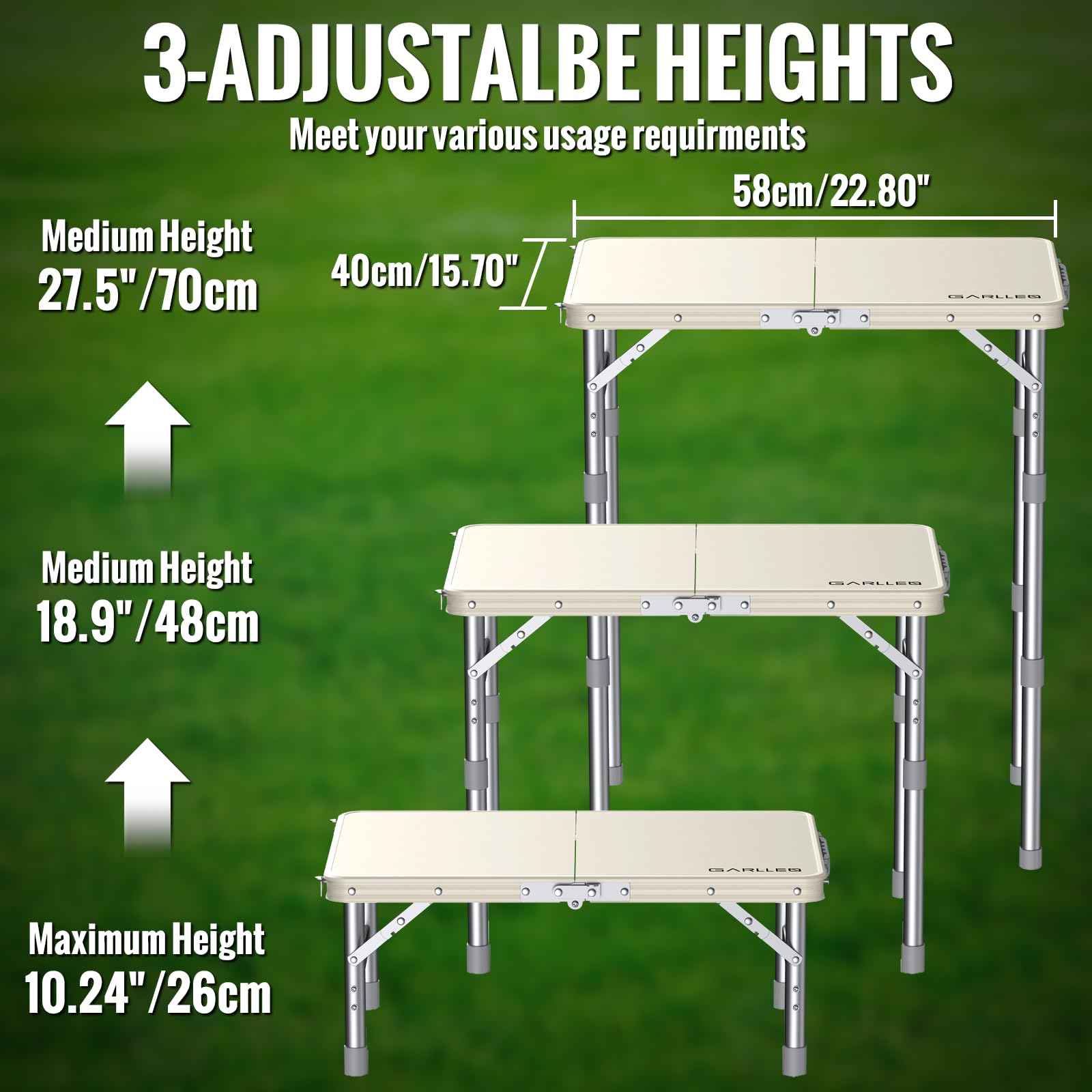 GARLLEN Campingtisch klappbar Klapptisch, 58x40cm & 3 Höhenverstellbar(26/48/70cm) ABS Wasserdichter Beistelltisch, Tragbar und leicht Grilltisch Picknicktisch Gartentisch für Camping, Angeln, Balkon