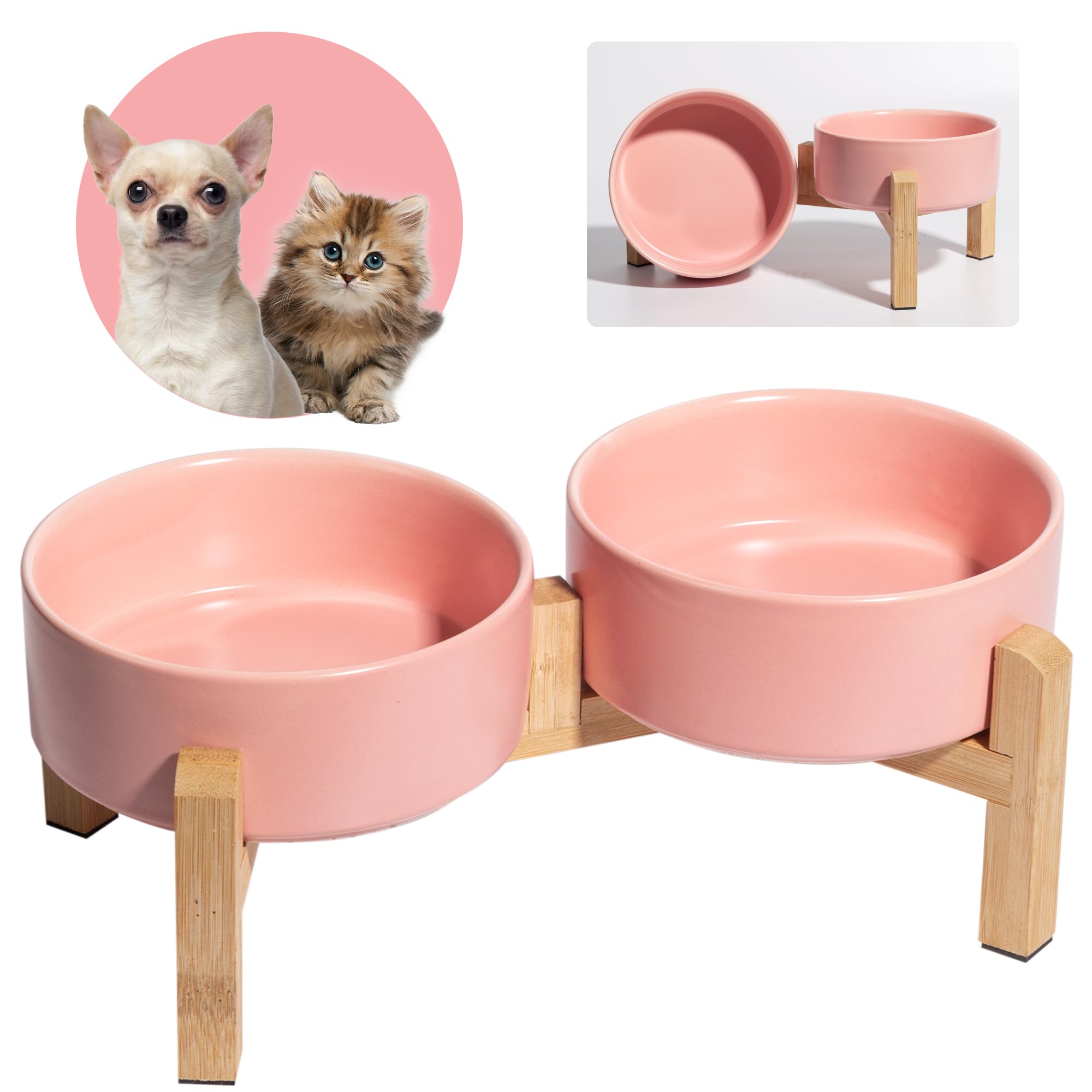 Elevated Ceramic Dog Bowl Set - Raised Dog Bowls with Non-Slip Bamboo Stand - Dog Food and Water Bowl Set - Double Dog Feeding Bowls - Pet Dishes for Cats and Small Dogs - 16.23 OZ - 2 Cups - 480 ML