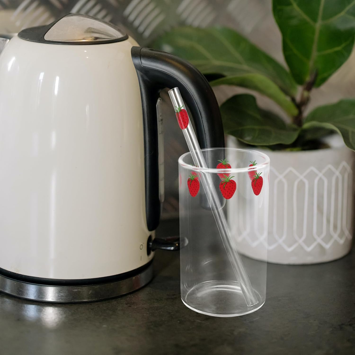 Strawberry Glass Cups 10Oz with Straw Set of 2 Cute Strawberry Pattern Tumblers for Juice Milk Tea Coffee Home Party Use - Image 6
