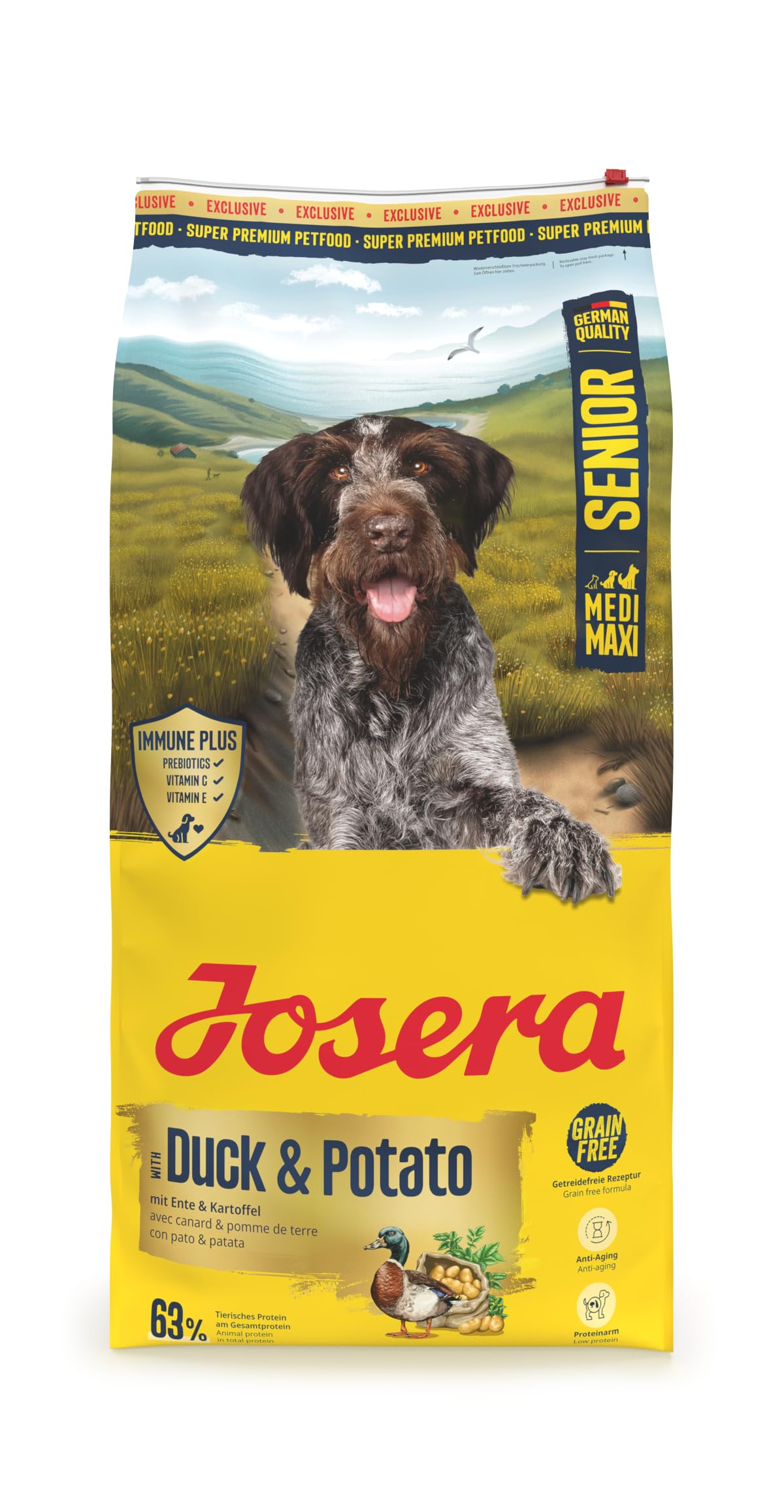 JOSERA Senior Ente & Kartoffel (1 x 12,5 kg) | Premium Trockenfutter für ältere Hunde großer Größen | leckere Ente & Kartoffel | getreidefrei | Immune Plus Komplex | 1er Pack